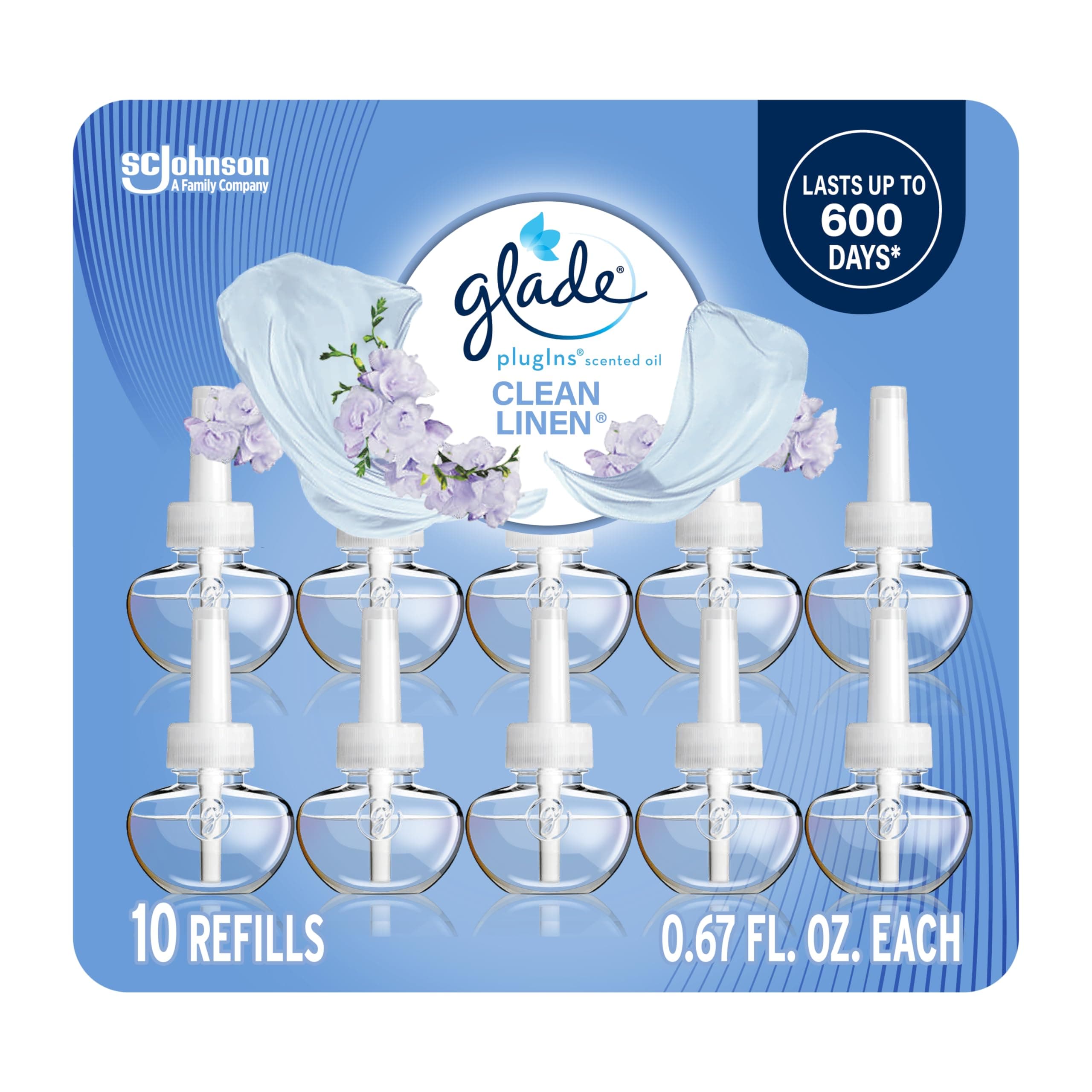 Glade PlugIns Refills Air Freshener, Scented and Essential Oils for Home and Bathroom, Clean Linen, 6.7 Fl Oz, 10 Count (Packaging May Vary)