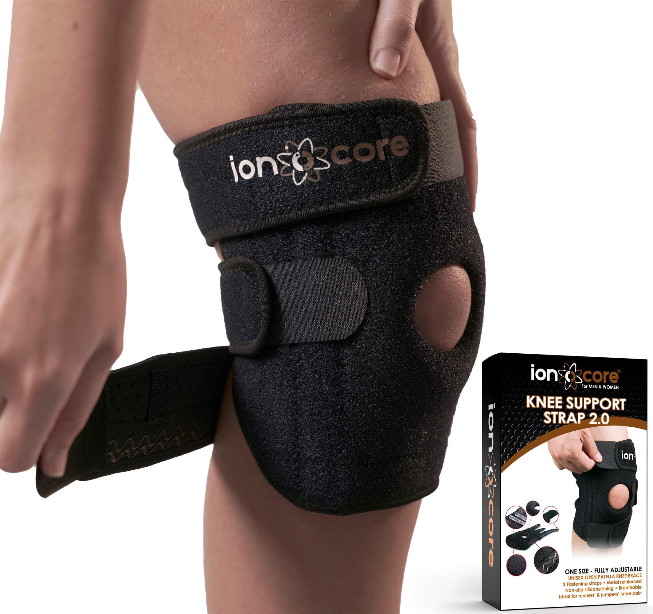 ionocore Knee Support Brace for Home Workout | Knees Strap Open Patella Stabiliser for Running | 3 Fully Adjustable Sport Straps & Cushioned Lateral Stabilisers | for Joints Pain Relief & Protection
