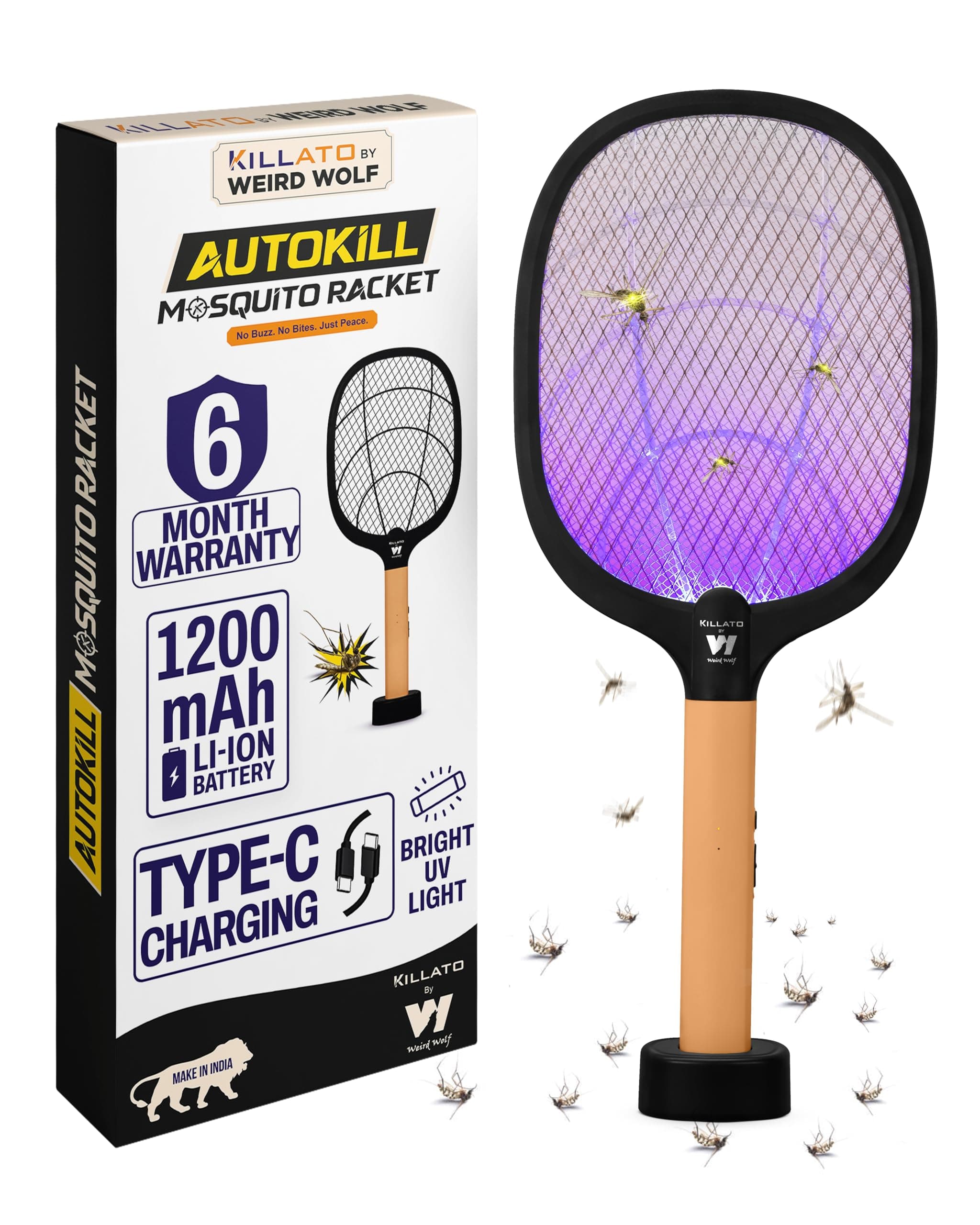 2 in 1 UV Light Mosquito Bat Racket Electric Fly Swatter with Base Stand, Lithium Battery, USB Type-C Charging, Warranty, Peach/Black