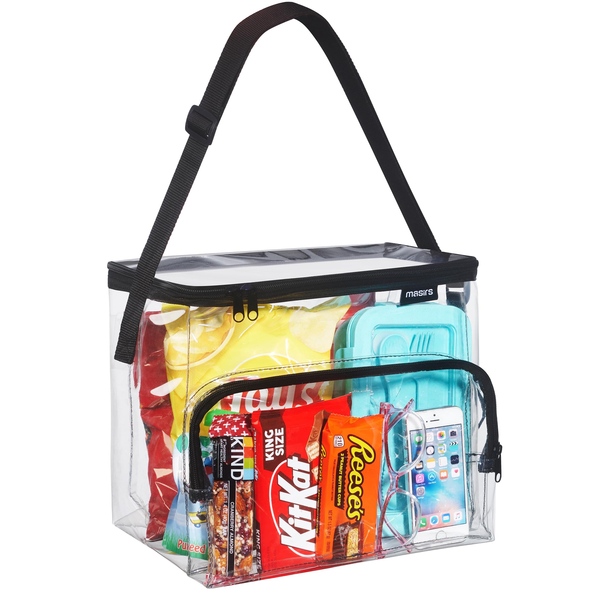 Masirs Clear Lunch Bag, Durable PVC Plastic See Through Lunch Bag with Adjustable Shoulder Strap Handle for Prison Correctional Officers, Work, Stadium Approved, Freezer Proof, (Medium)