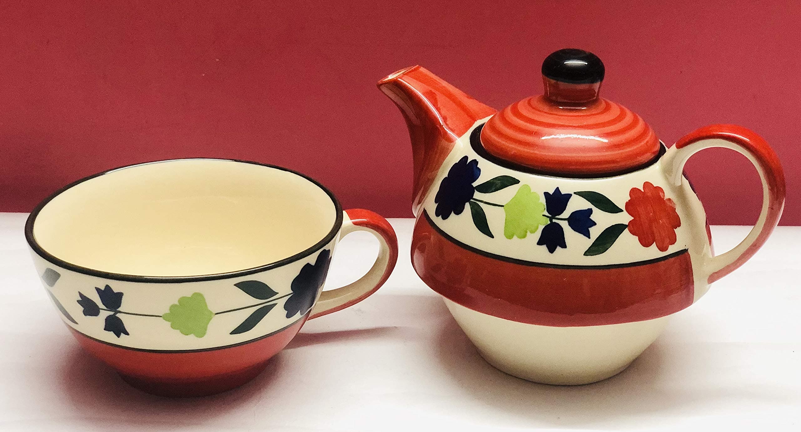 HS HINDUSTANI SAUDAGAR Bloomberry Red Ceramic Tea Pot Kettle with Cup Milk hot Water Cup with Handle teapot Set of 1 Coffee chai Kettle 300ml Masala chai Green Tea Ideal serveware for Gifting.