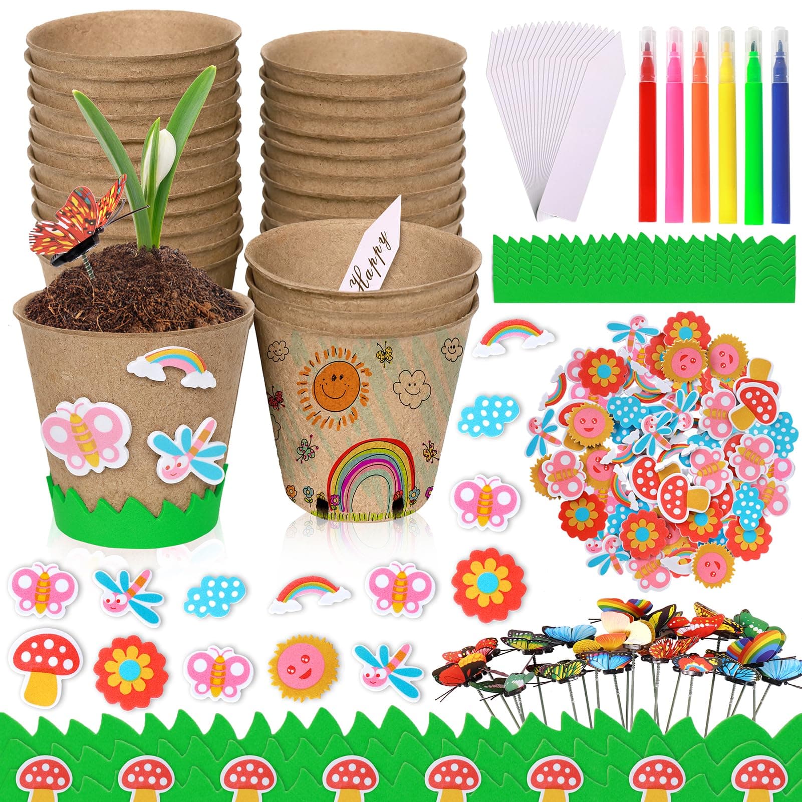 Aweyka Garden Paper Pot Craft Kit 20 Pack Flower Plant Spring Craft with 50pcs Adhesive Foam Stickers 20pcs Paper Mache Pots Label Pen Flower Planting Growing Kit Science for Mother Day