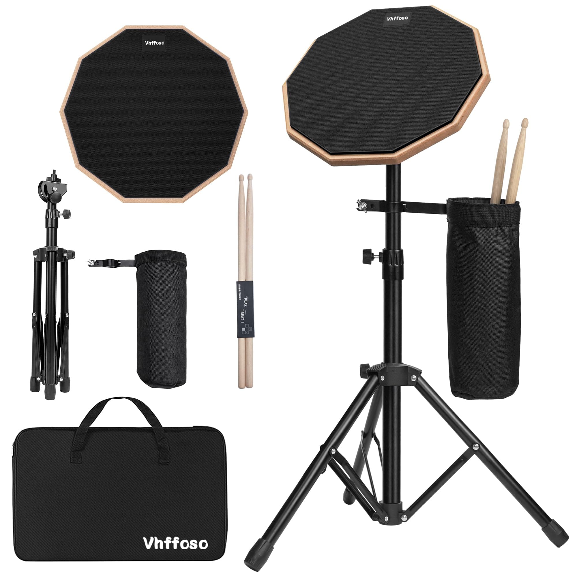 12 Inch Practice Drum Pad with Stand and Sticks, Beginner Snare Drum Pad with Drumsticks and Carrying Bag, Double Sided Silent Drum Pad (Black)