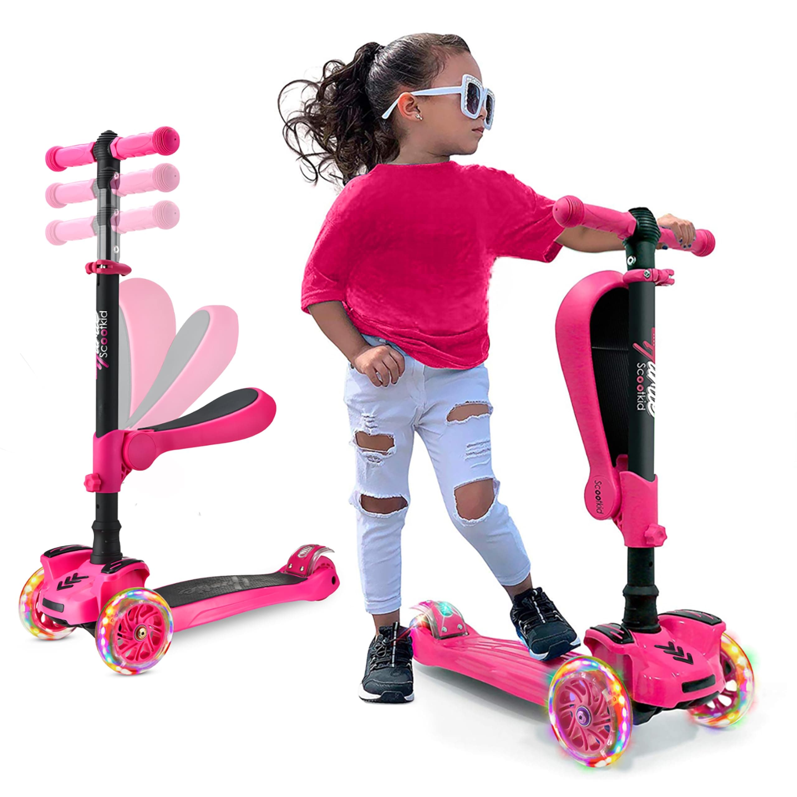 Hurtle 3-Wheeled Scooter for Kids - Wheel LED Lights, Adjustable Lean-to-Steer Handlebar, and Foldable Seat - Sit or Stand Ride with Brake for Boys and Girls Ages 1-14 Years Old