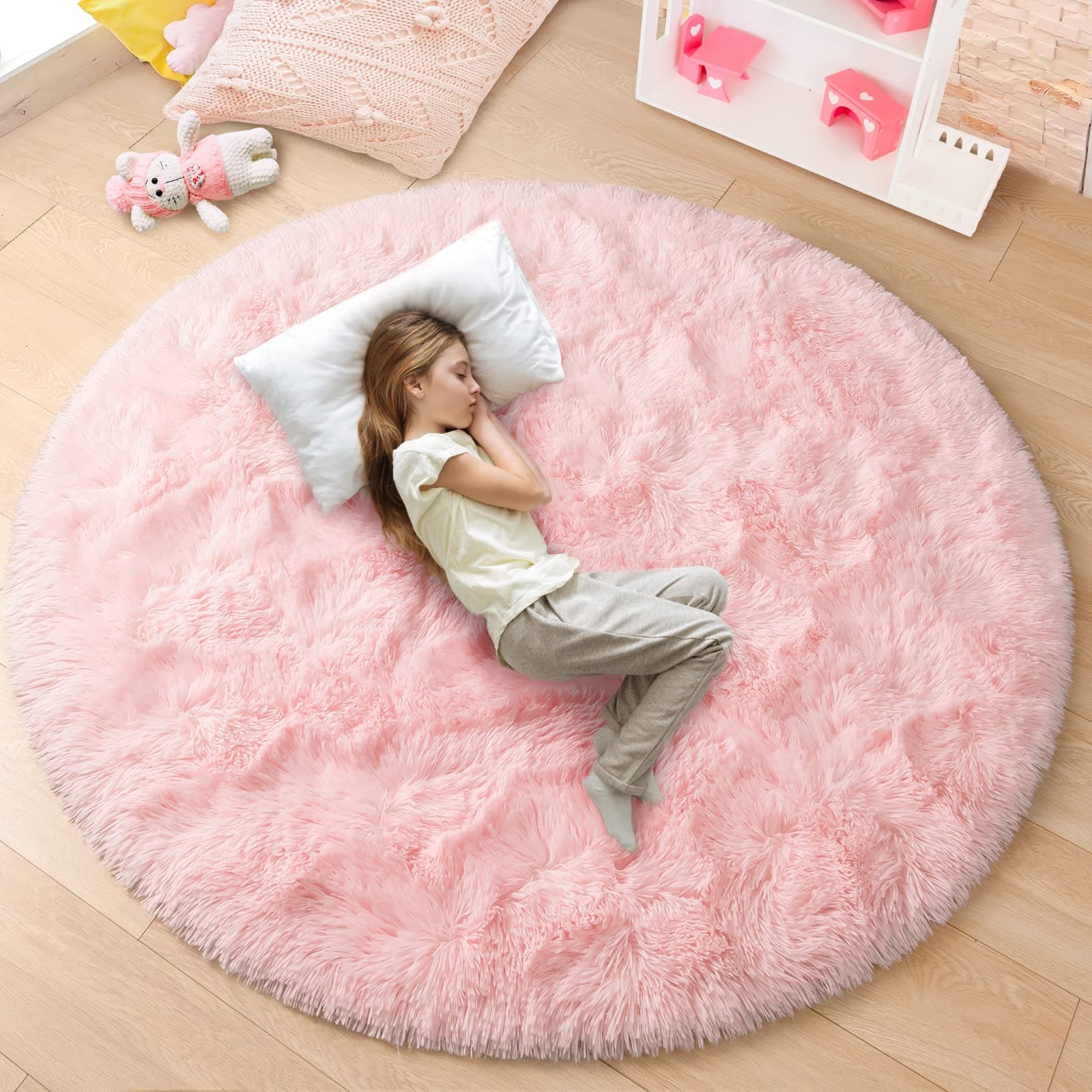 junovo Pink Round Rug 5x5 Feet Fluffy Soft Area Rugs for Kids Girls Room Princess Castle Plush Shaggy Carpet Cute Circle Nursery Rug for Kids Girls Bedroom Baby Room Home Decor Circular Carpet