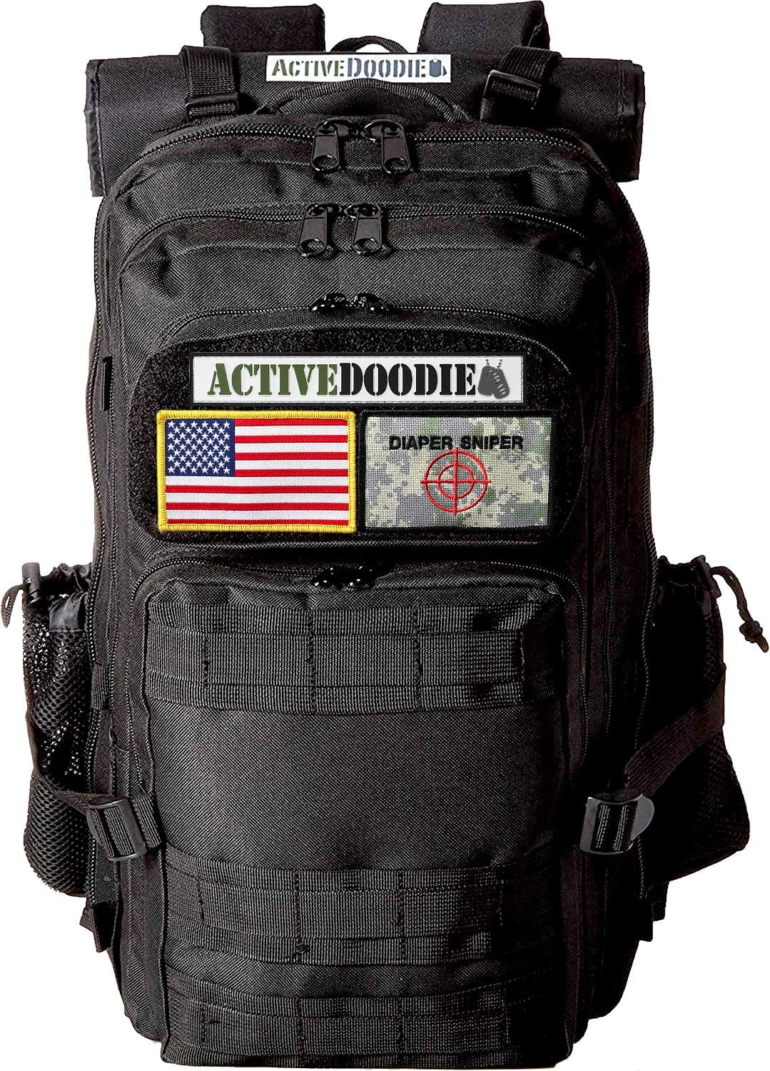Dad Diaper Bag Backpack, Tactical Adventure Gear for Dads, Changing Pad, Stroller Straps, Insulated Bottle Holder, Diaper Bag for Dad, Military Style (Diaper Sniper Velcro Patches, Large)