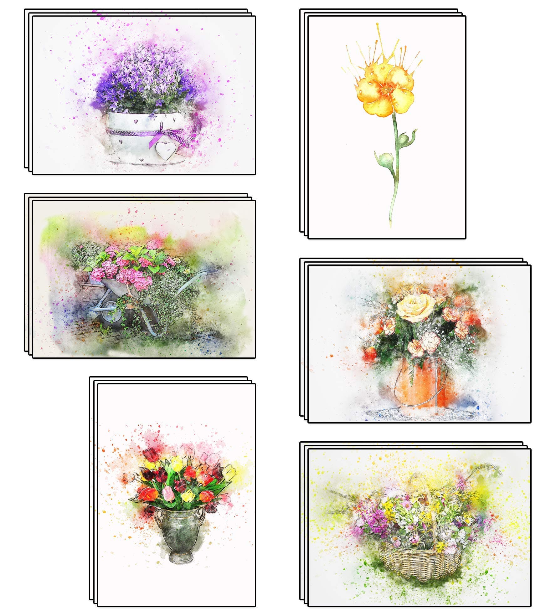 48 Blank Artistic Watercolour Flower Greeting Cards Made from Recycled Card