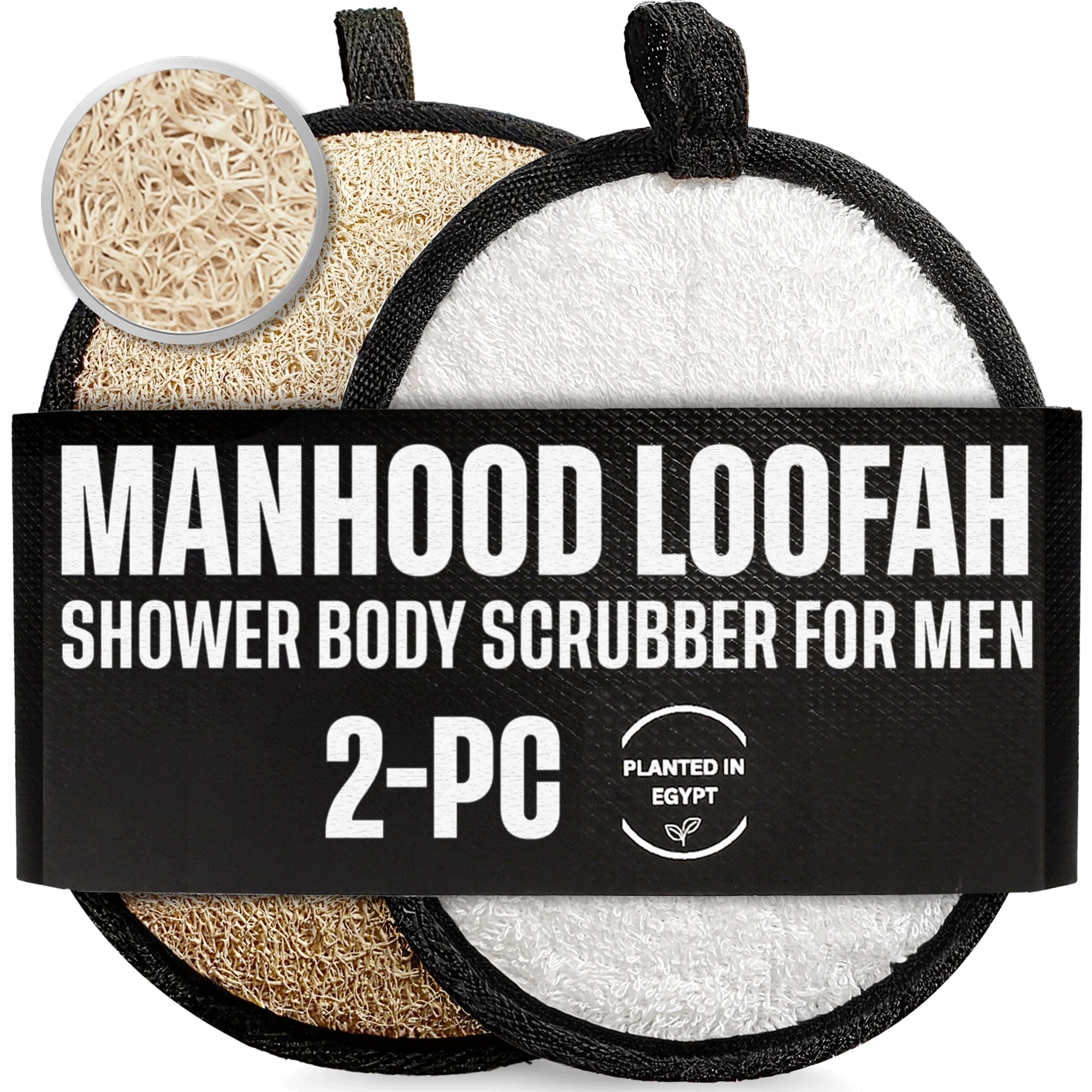 Rugged Natural Shower Loofah for Men - Tough Exfoliating Body Scrubbers, Durable & Gentle Terry Towel Cloth pad for Manly Skin Care - Lufas, Luffa, Loufas Sponges