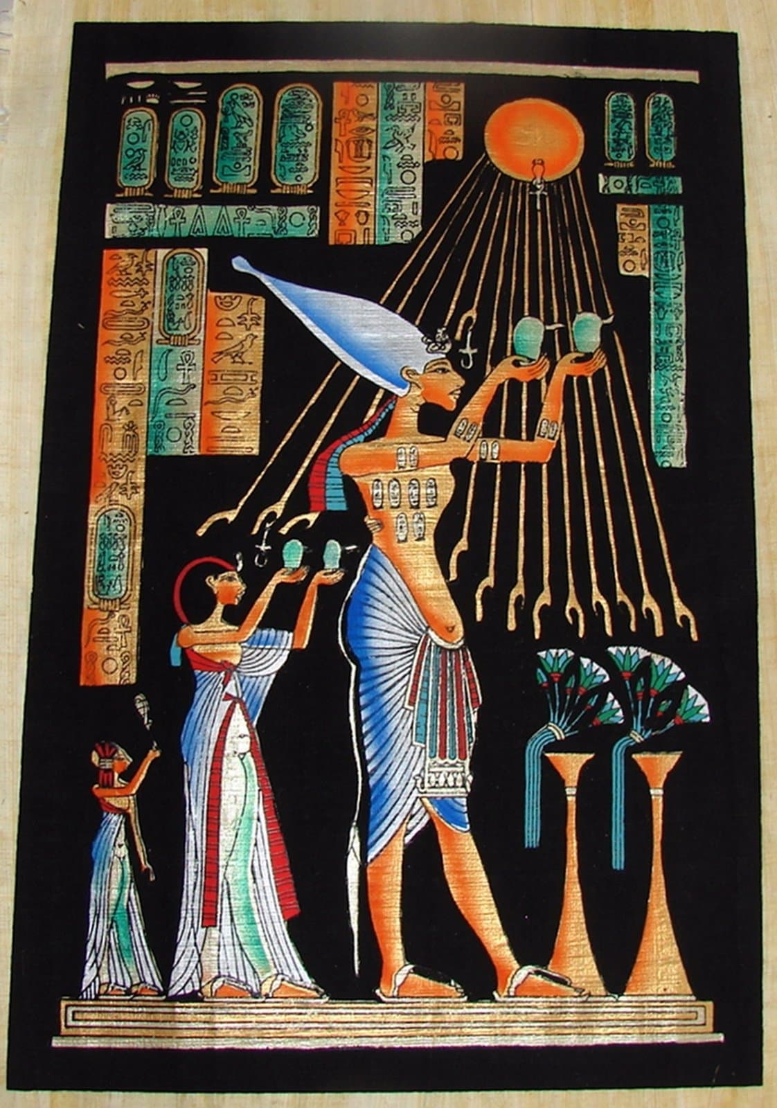 Egyptian Hand-Painted Papyrus Artwork (Imported): Akhenaton & Nefertari Offering
