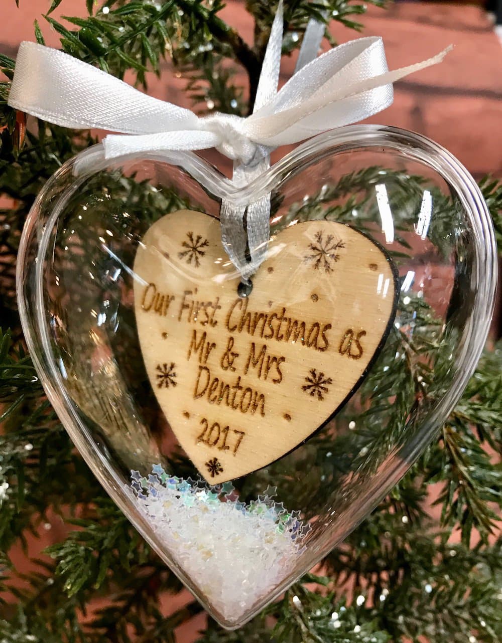 Una Casa Our First Christmas As Mr & Mrs Personalised Heart Bauble Tree Decoration Or Mr & Mr, Mrs & Mrs