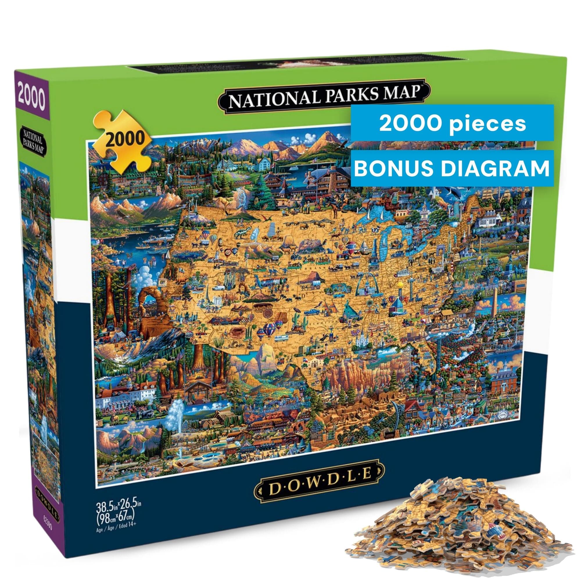 Buffalo Games - Puzzles for Adults 2000 Pieces Dowdle National Parks Map 2000 Piece Jigsaw Puzzle, Made in USA, Recycled Premium Board, Reference Diagram