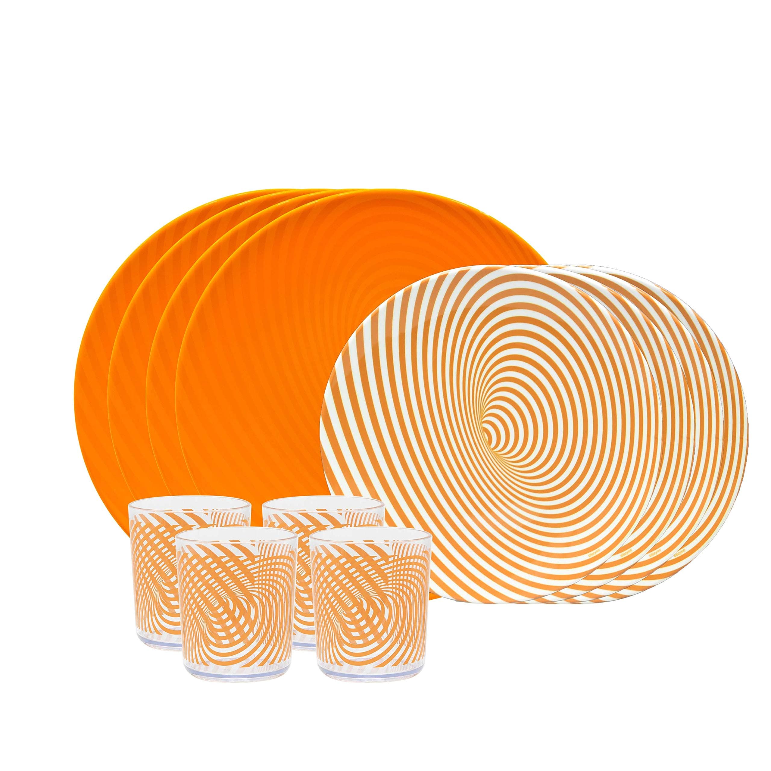 bzyoo BPA-Free Dishwasher Safe 100% Melamine Designed Plate Set Best for Indoor and Outdoor Party (12 PCS Dinnerware set, Service for 4, Hypno Orange)