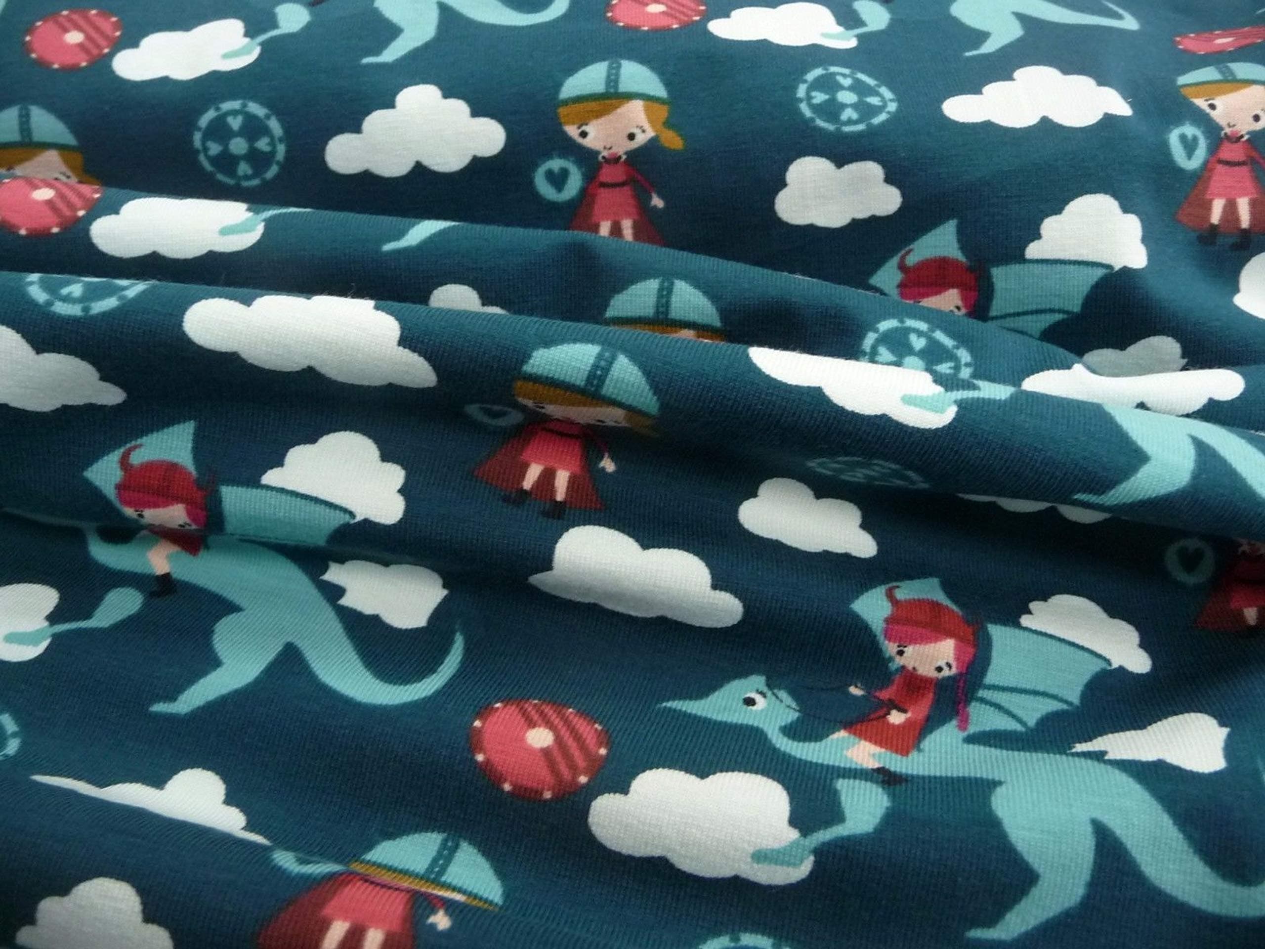 Children's Fabric, Jersey, Dragon, Baby Girl, Clouds Fabric by the Yard, Teal Cotton