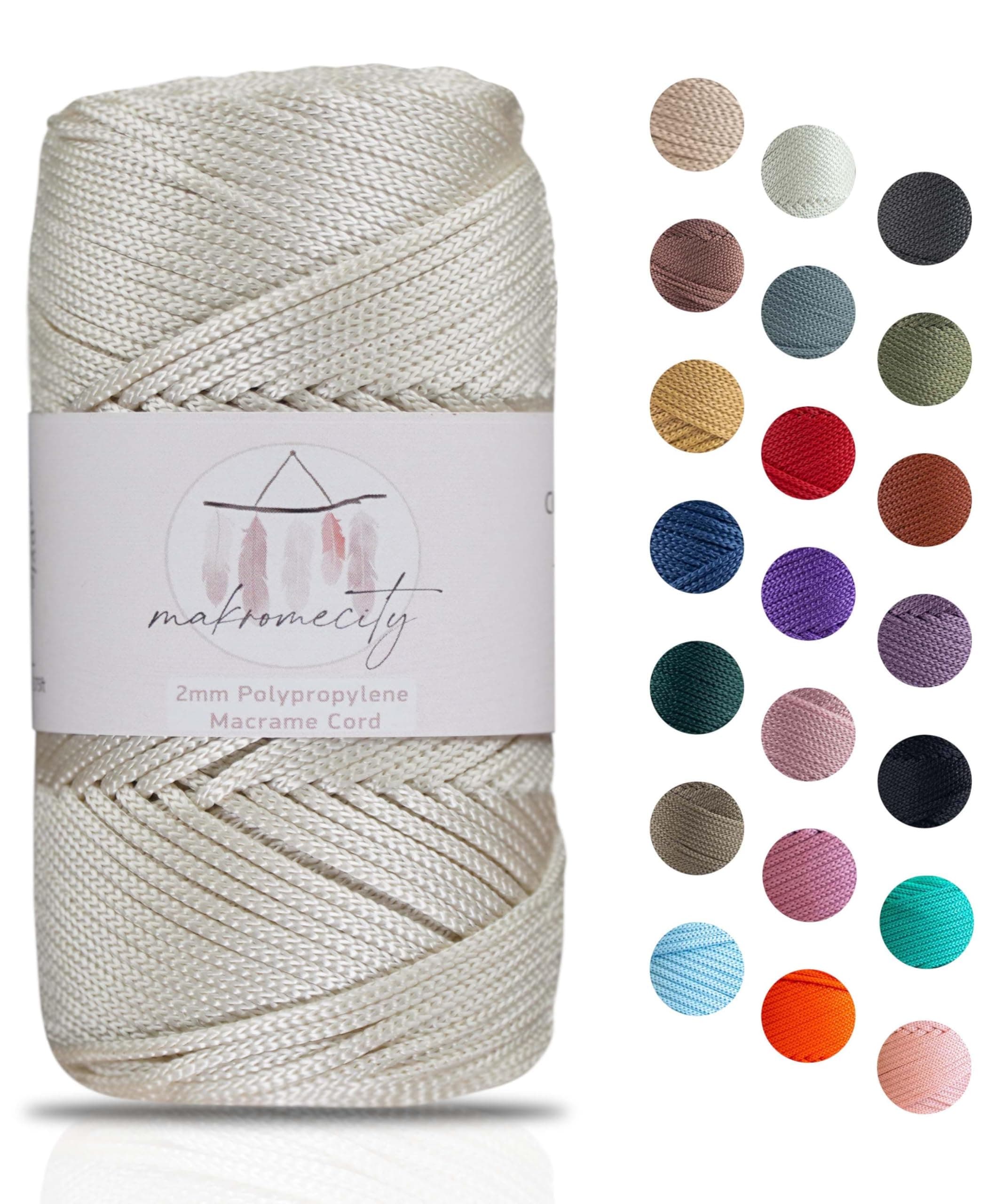 Makromecity, Polyester Macrame Cord 2mm x 125 Yards (375 feet) 2mm Polypropylene Macrame Cord Crochet Macrame Bag Cord Crafts for Wall Hangings, Bags, Underplate, Rug (1, Ecru)