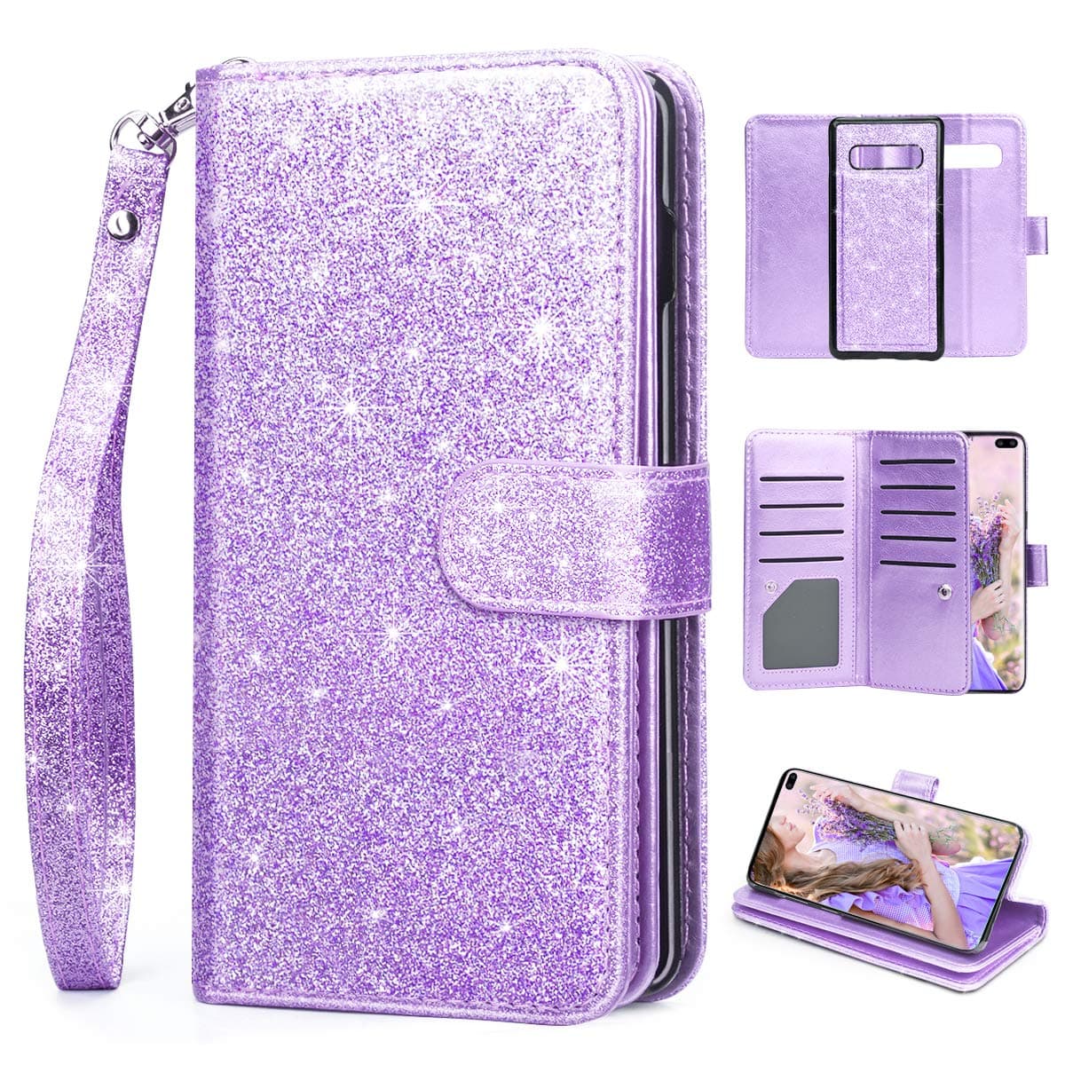 HIDAHE S10 Plus Wallet Case, Samsung Galaxy S10 Plus Case Wallet for Women[Glitter Purse][Credit Card Slot][Cash Holder][Detachable 2 in 1][Wrist Strap] Wallet Phone Case for Samsung S10 Plus,Purple