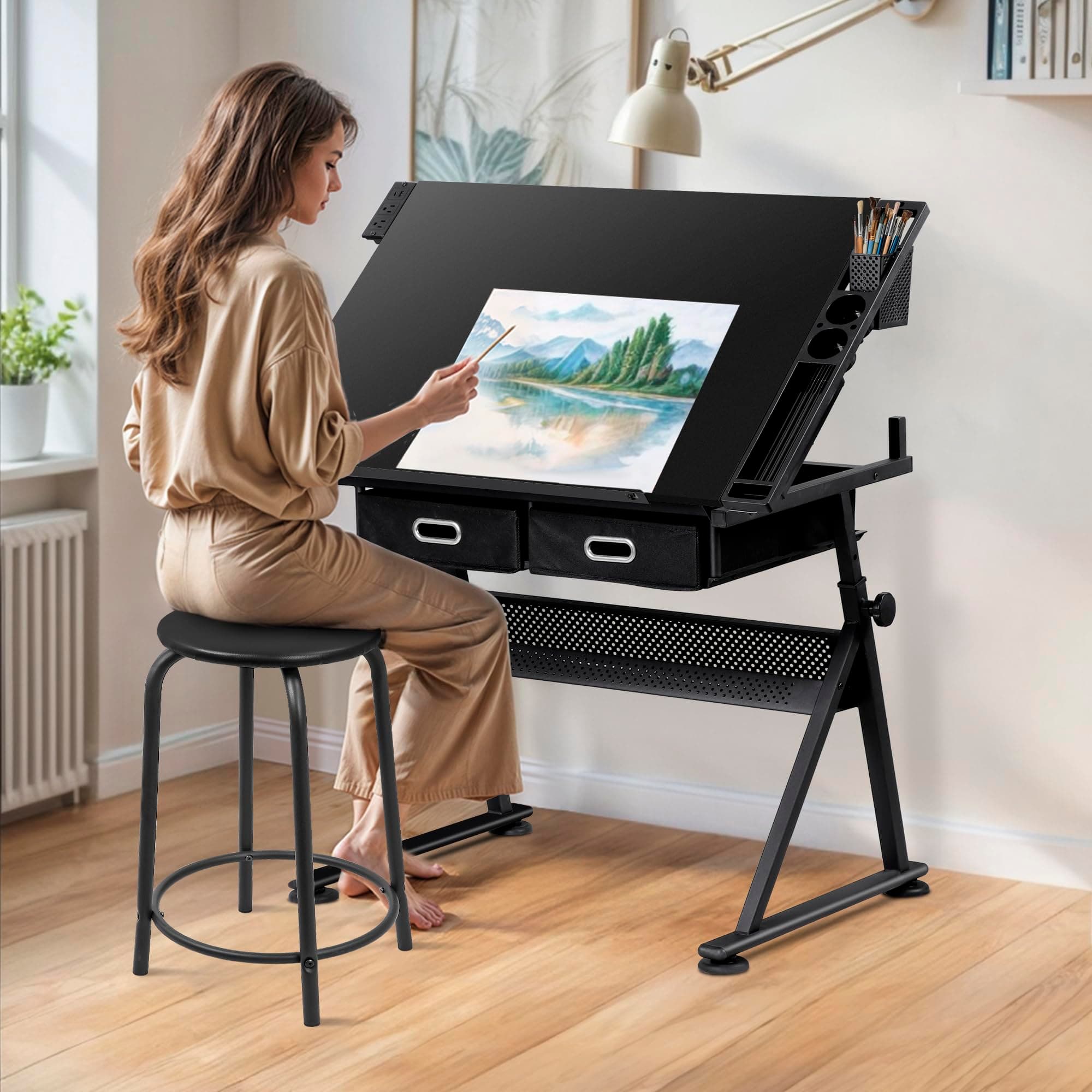 Drafting Table Drawing Desk w/Power Outlet, Art&Craft Work Station Height Adjustable Tilting Tabletop Craft Table Desk w/Stool and 2 Storage Drawers for Home Office, Black
