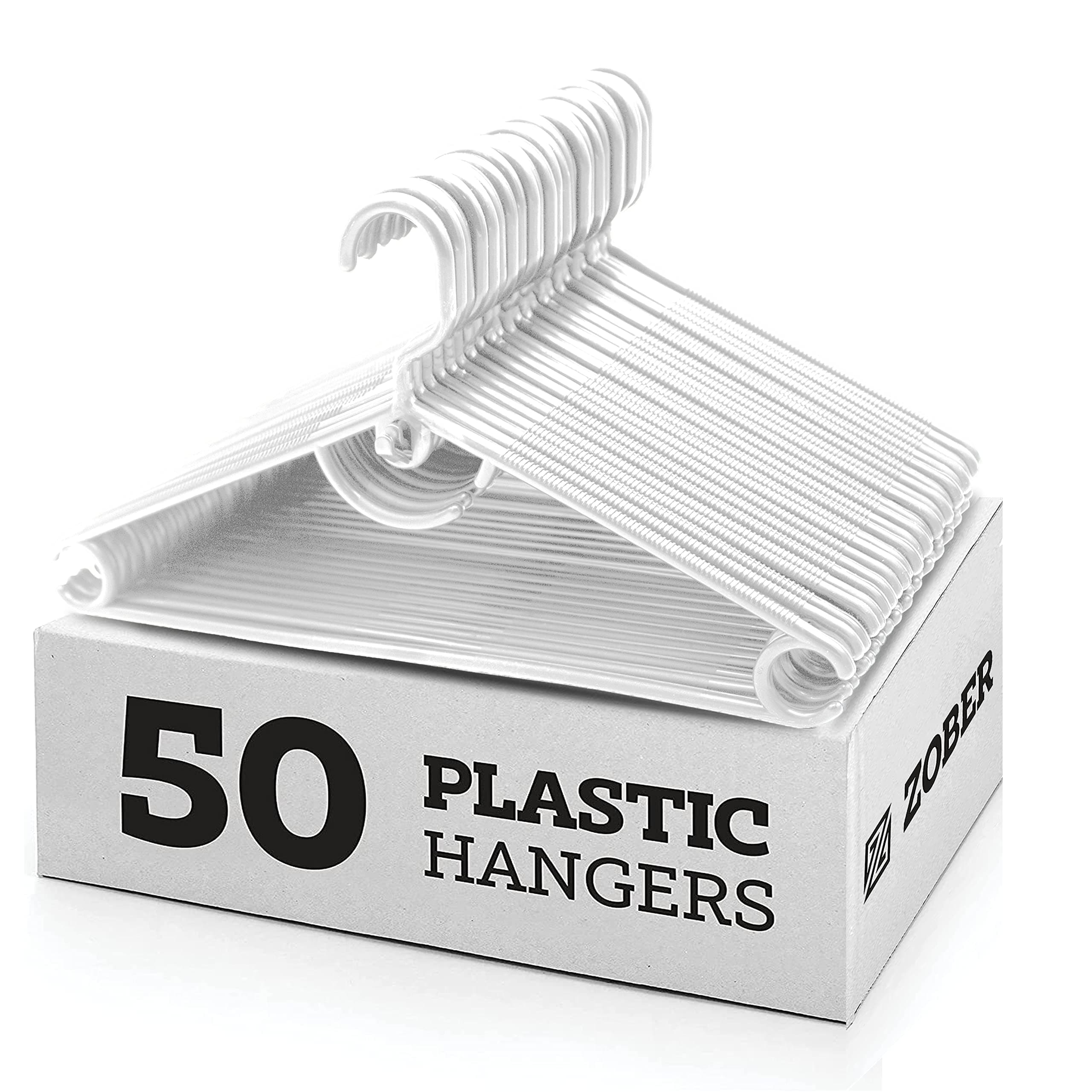 ZOBER Standard White Plastic Hangers | Pack of 50 | With Strap Hooks, Durable & Slim, Light-Weight | For Shirts, Pants, Dresses | Hangs upto 5.5 lbs (White)