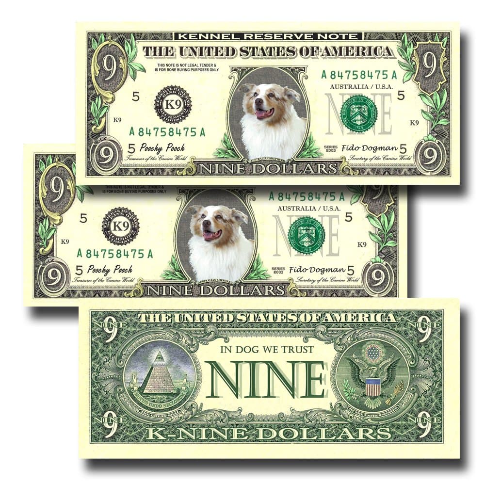 Australian Shepherd Dog Pack of 3 Novelty Nine Dollar Bills
