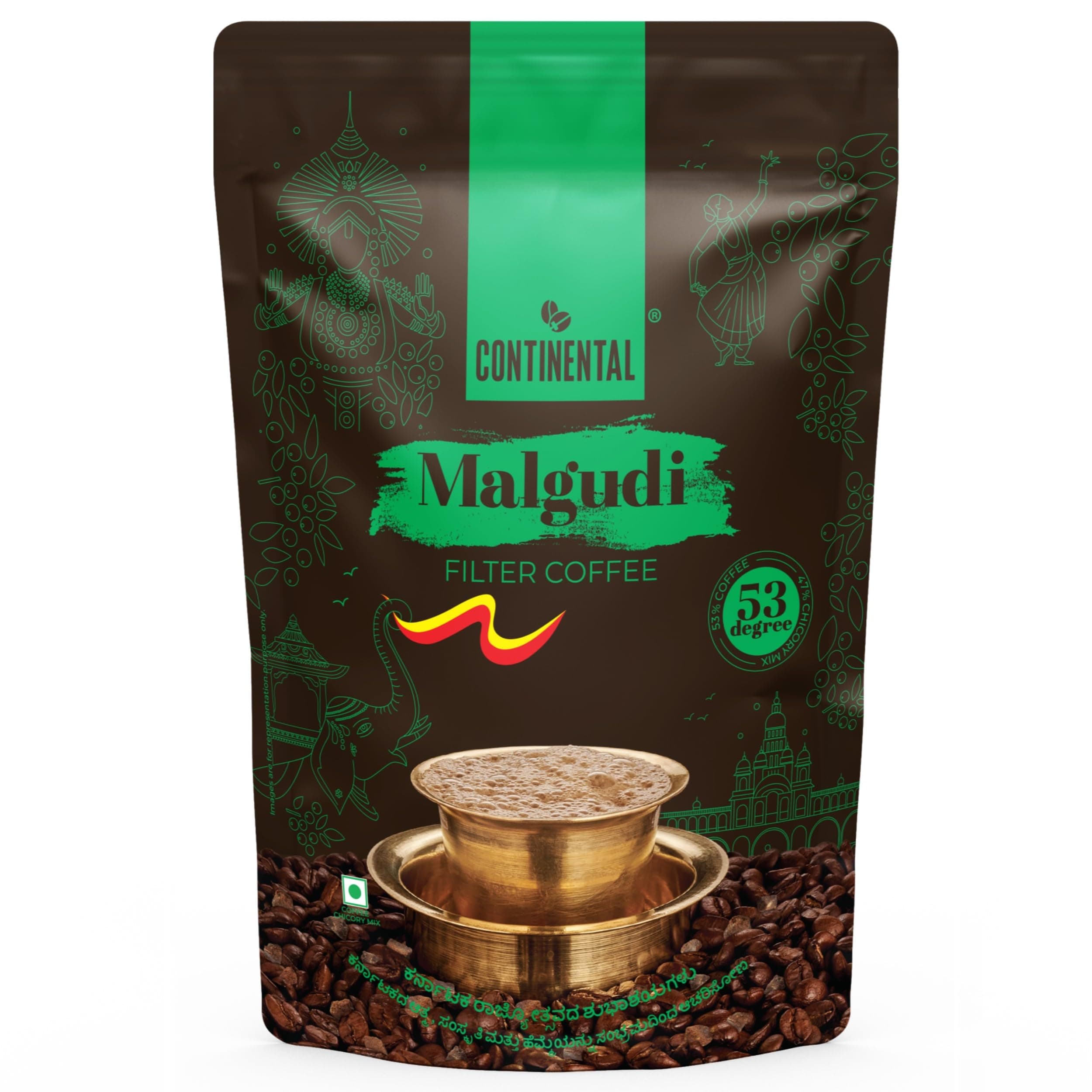 Continental Malgudi Filter Coffee Powder | 500gm Pouch | 53% Coffee - 47% Chicory | Traditional South Indian Filter Coffee Powder | Locks Real Aroma | Freshly Roasted Ground Coffee Powder