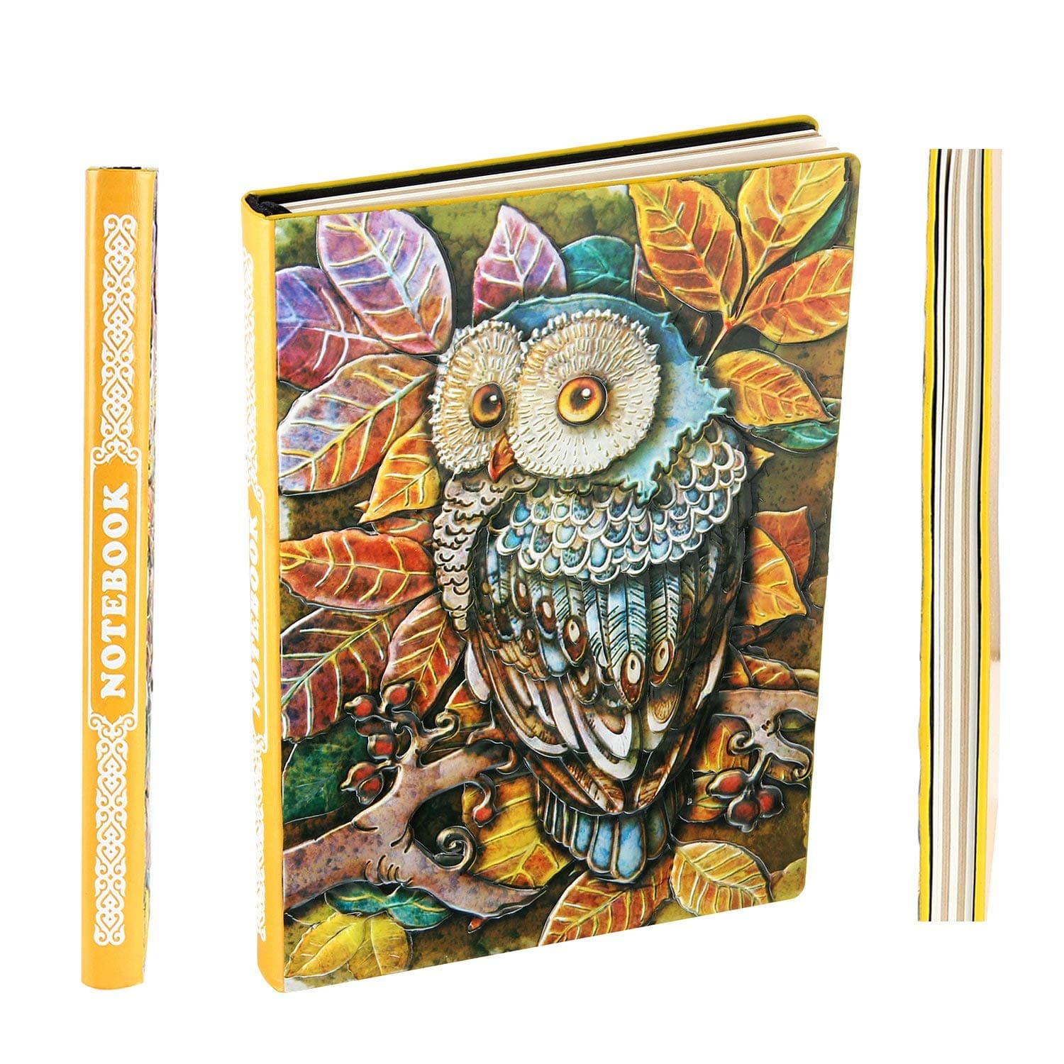 XUAN Vintage Leather Notebook A5 Lined, Travel Journal Hardcover Diary Embossed, 200 Yellow - white Pages, Gift for Girl Women, 3D Owl Multicoloured