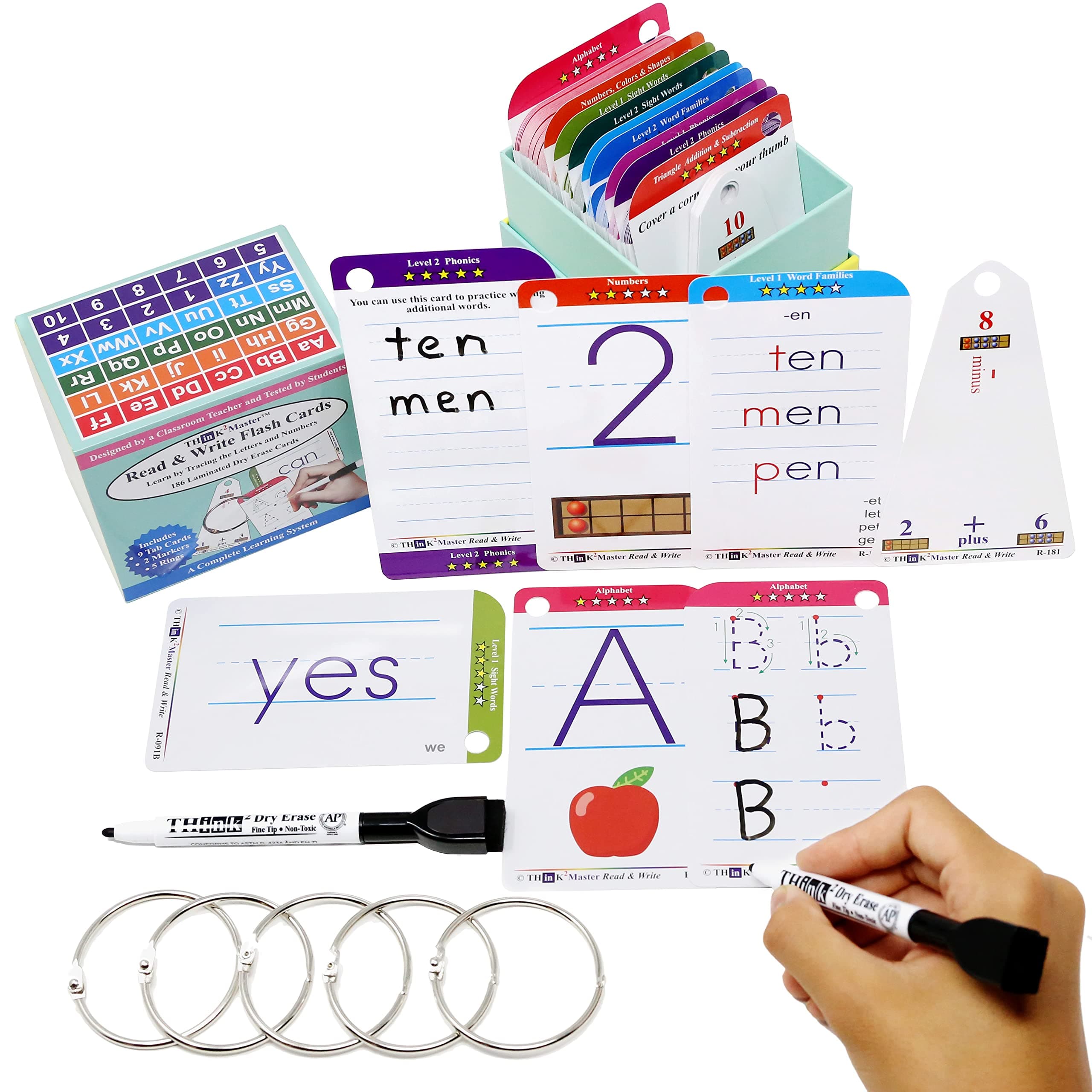 Premium 186 Laminated Alphabet, Sight Words & Phonics Flash Cards for Pre K & Kindergarten. (Bonus: 2 Dry Erase Markers, 5 Rings). Learn to Read, Write, Count, Add & Subtract Numbers.