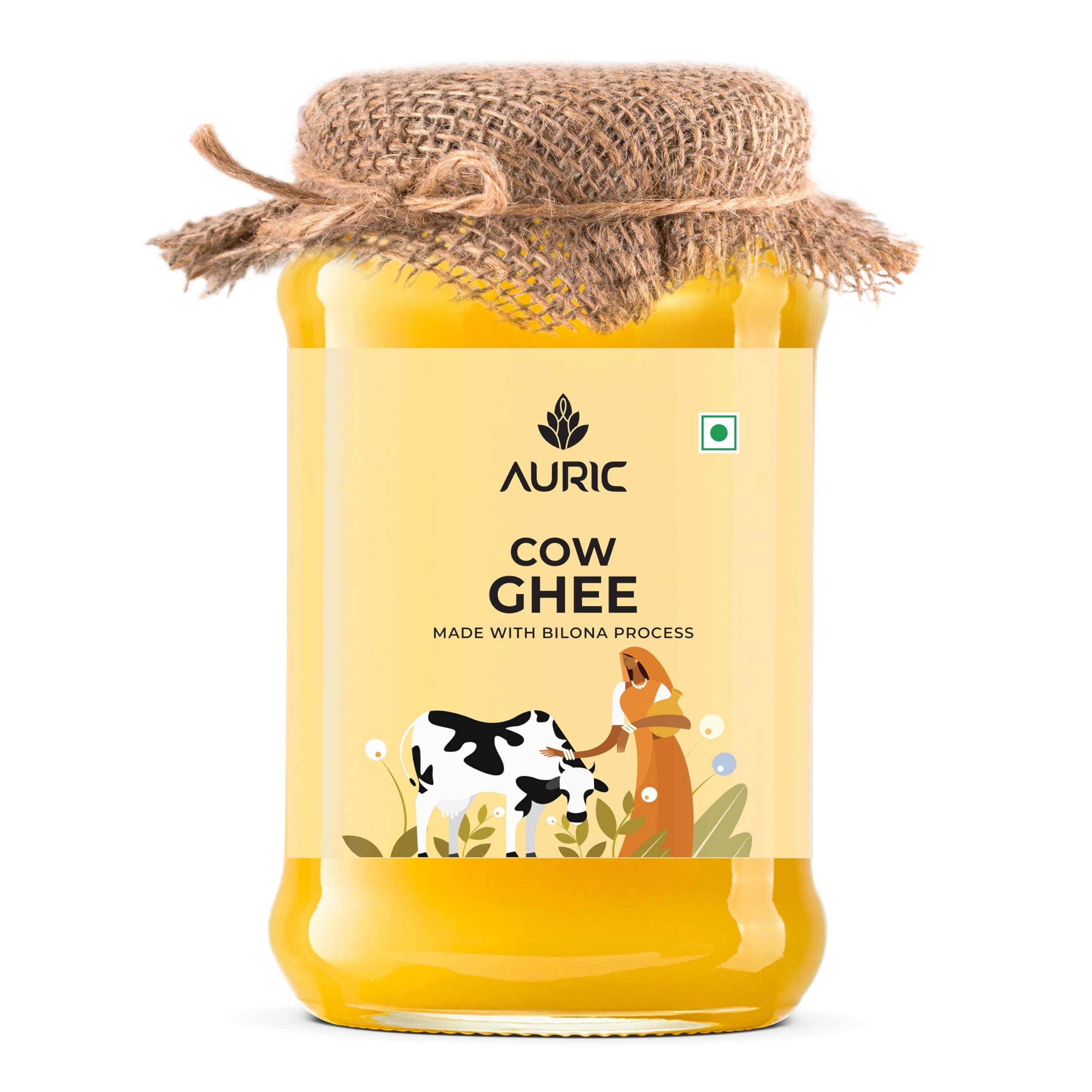 Auric Bilona Cow Ghee 1 Litre Glass Jar- Pure And Natural Desi Ghee - Traditional Curd-Churned - Premium Artisanal Desi Ghee - Diet Friendly With Rich Taste