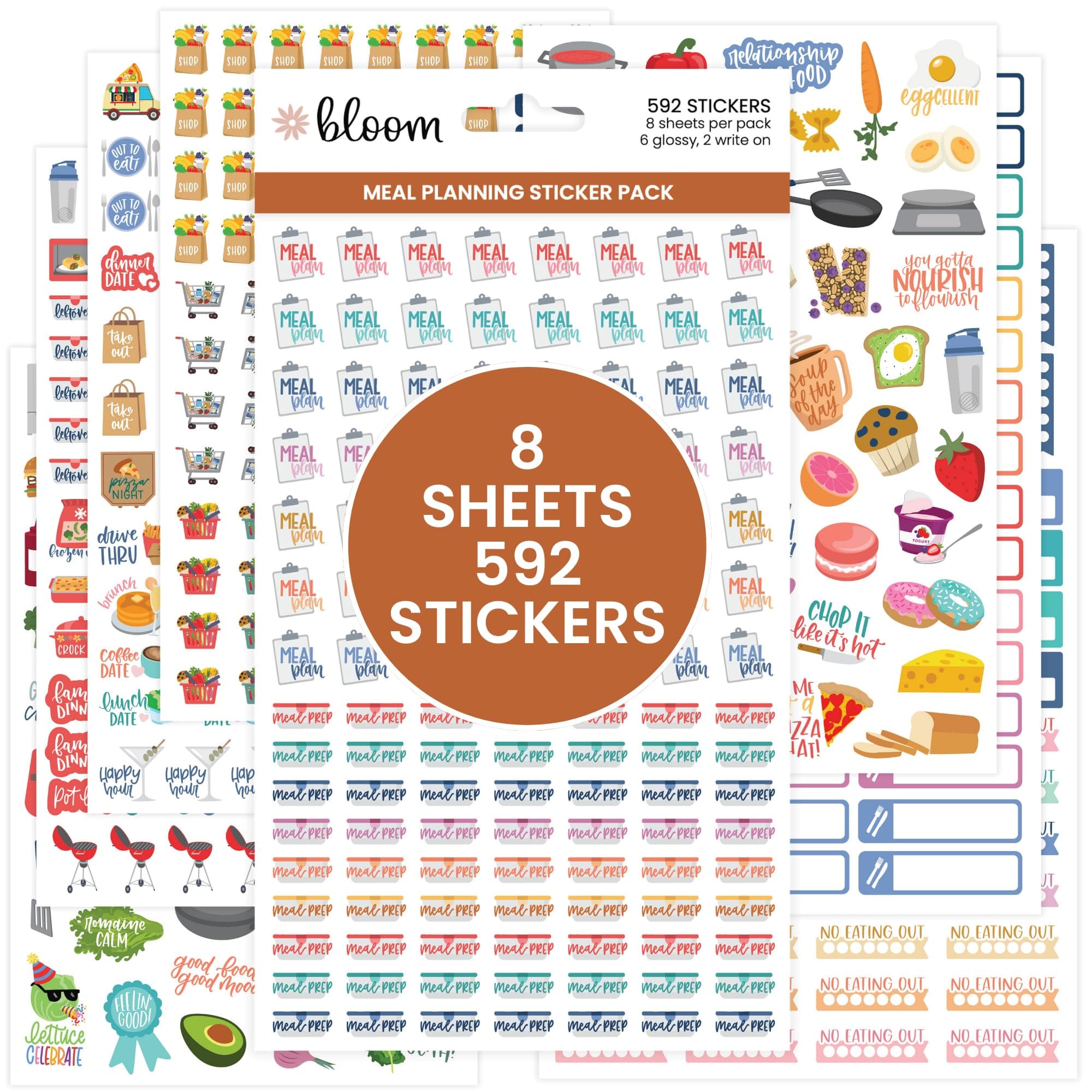 bloom daily planners Meal Planning Stickers - 8 Sheets / 500+ Stickers - Essential Variety Pack for Menu Prepping, Grocery Shopping, Food & Diet Tracking - Colorful Quotes, Illustrations & Icons