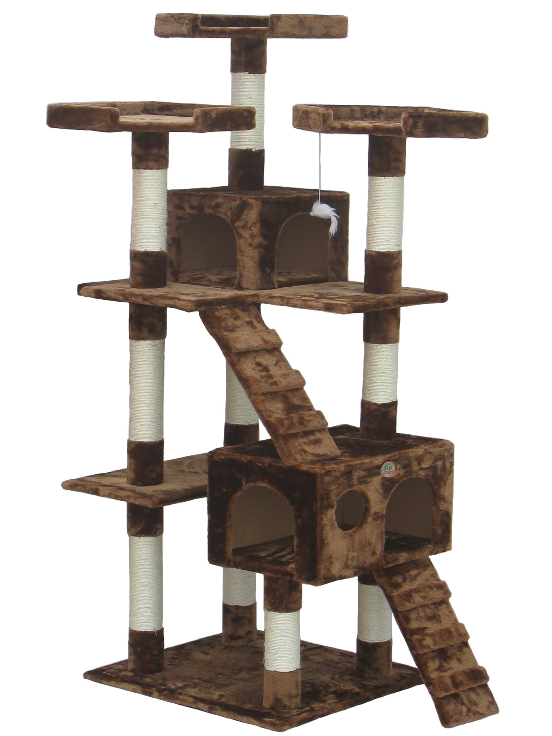 72" Tall Cat Tree Tower with Cat Condos - Large Cat Tree - Cat Tower for Indoor Cats - Play Scratch Hide Climb Activity Furniture with Toy - Brown