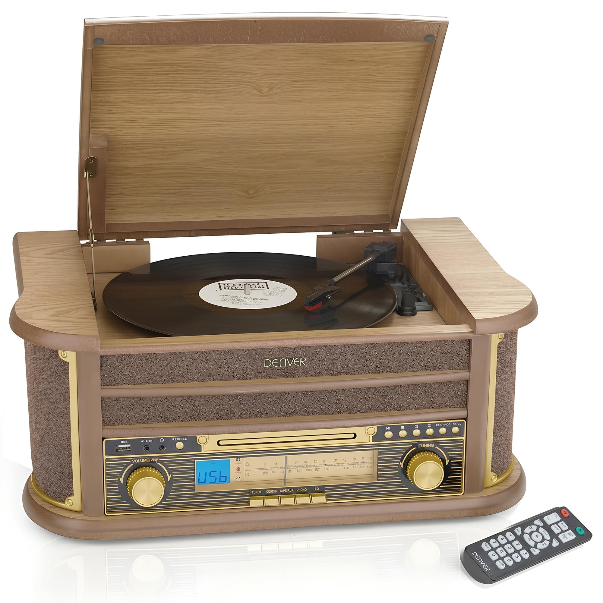 Denver 8-in-1 CD Bluetooth Cassette Player Retro Wooden Record Player HiFi System – 3 Speed Vinyl Turntable & Cassette With CD Player, FM/AM Radio, MP3 USB Recording, AUX IN And Line Out – MCR-50BT