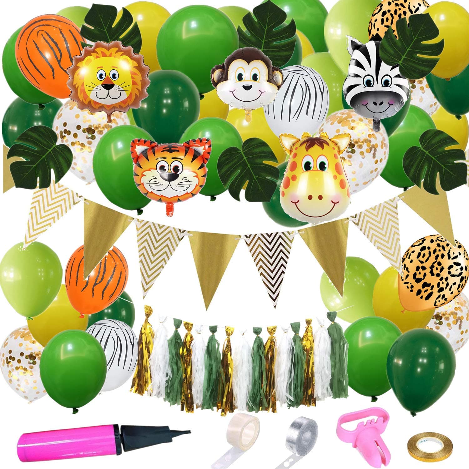 Jungle Safari Themed Party Decoration, Animals Party Supplies for Boys and Girls Birthday, Baby Shower Decoration Neutral, Animals Foil Balloons, Green and Gold Balloons Garland Kit, Paper Tassels,