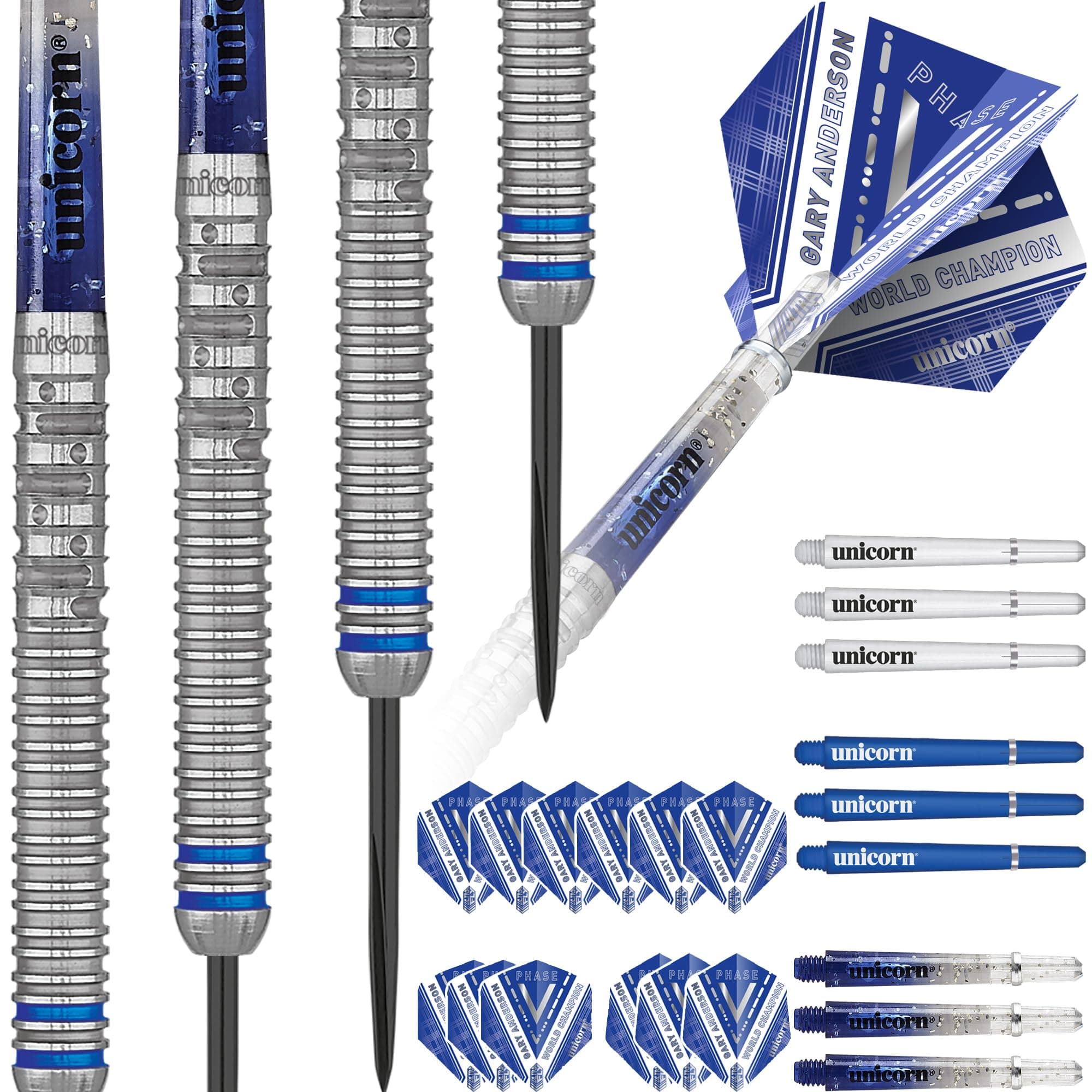 Steel Tip Darts Set | Gary 'The Flying Scotsman' Anderson Phase 3, 5, 6 World Champion | 90% Natural Tungsten Barrels with Blue Accents | Presentation Packaging | 21g, 22g, 23g, 24g, 25g, 27g