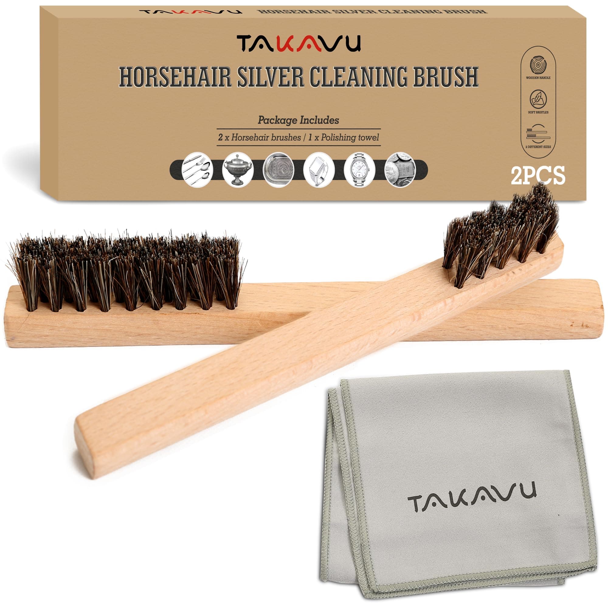 TAKAVU Horsehair Detail Brush Set, Silver Cleaning Brushes & Polish Cloth for Silverware Plateware Jewelry