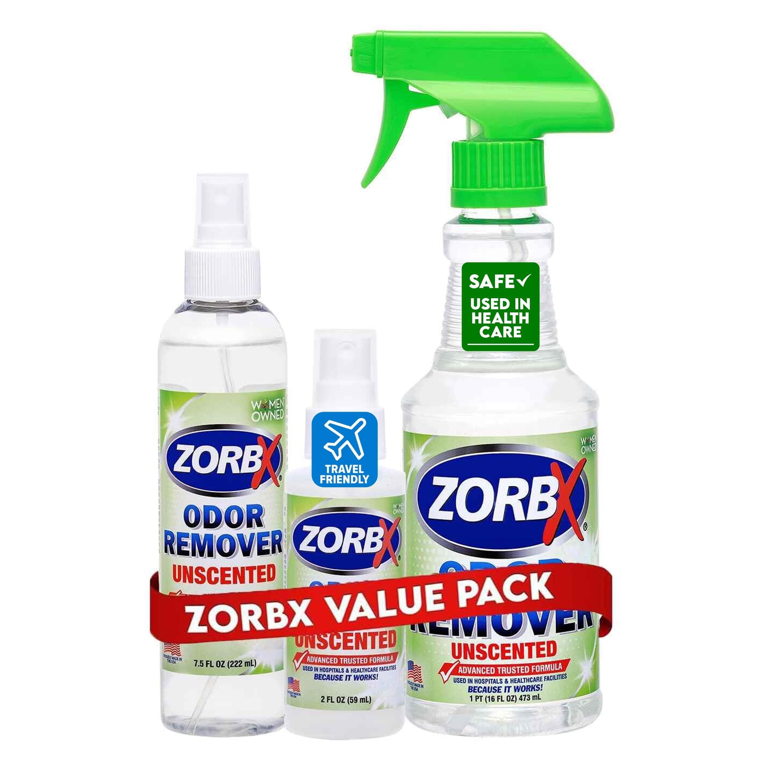 ZORBX Unscented Odor Eliminator Combo Value Pack - Used in Hospitals & Healthcare Facilities - Advanced Trusted Formula | Fast-Acting Odor Remover Sprays (16 Oz + 7.5 Oz + 2 Oz)