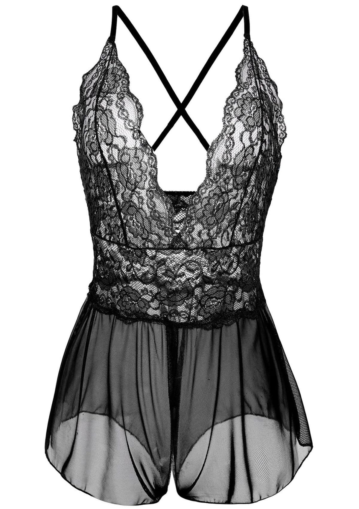 Plus Size Lingerie for Women Sexy Lace Babydoll Sleepwear(XX-Large, Black)