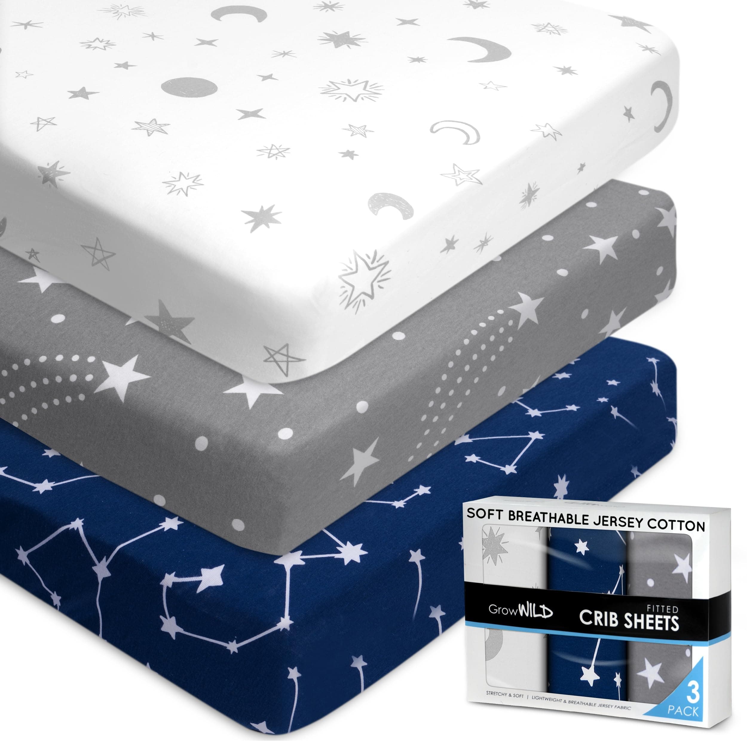 Fitted Unisex Crib Sheets (3 Pack) by GROW WILD - Jersey Knit Cotton Crib Sheets for Boys or Girls, 52” x 28” x 9” Crib Bedding Set (Moon, Stars and Constellation)