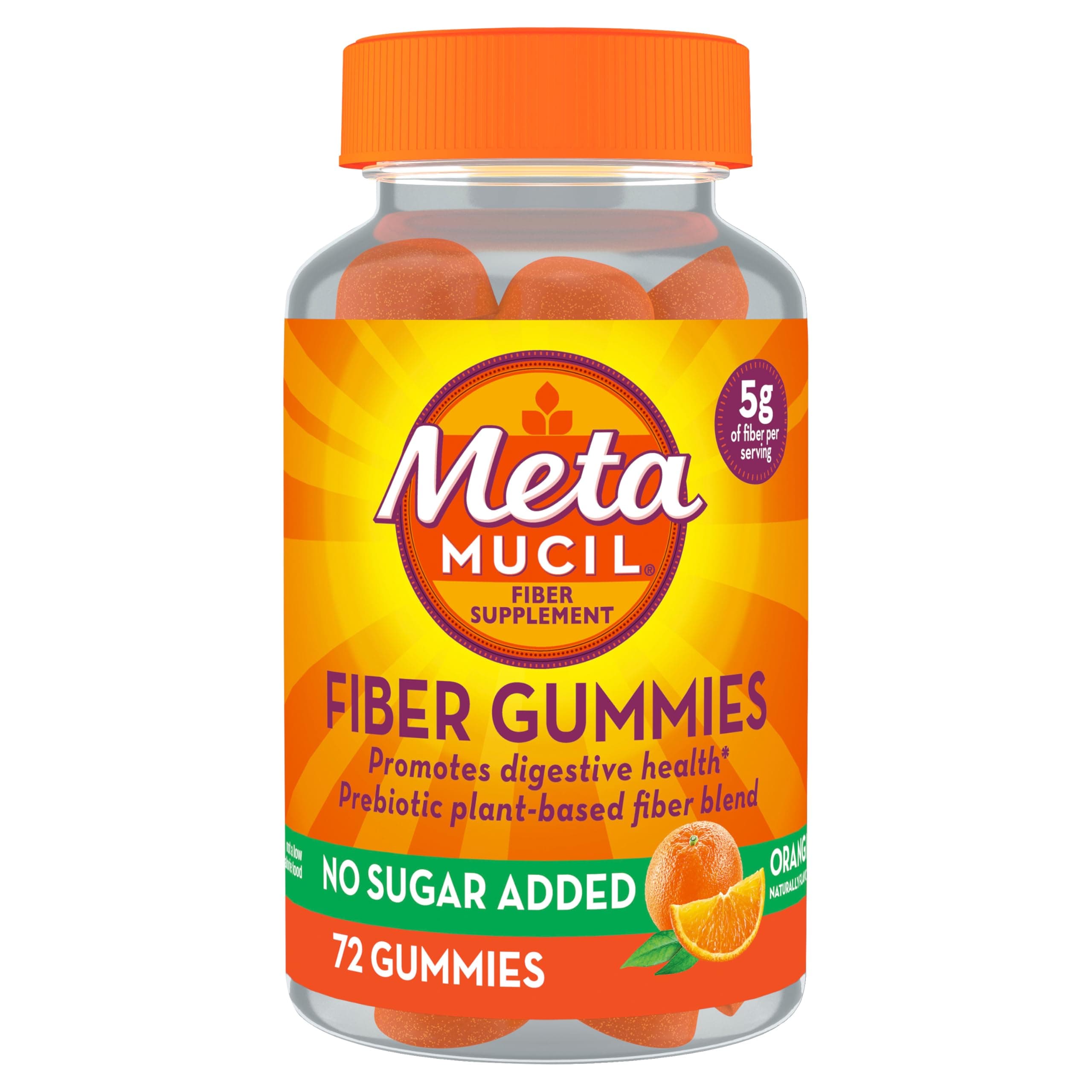 Fiber Gummies for Adults, No Sugar Added Orange Flavor, 5g Plant Based Prebiotic Fiber Supplement Blend, 72 Count