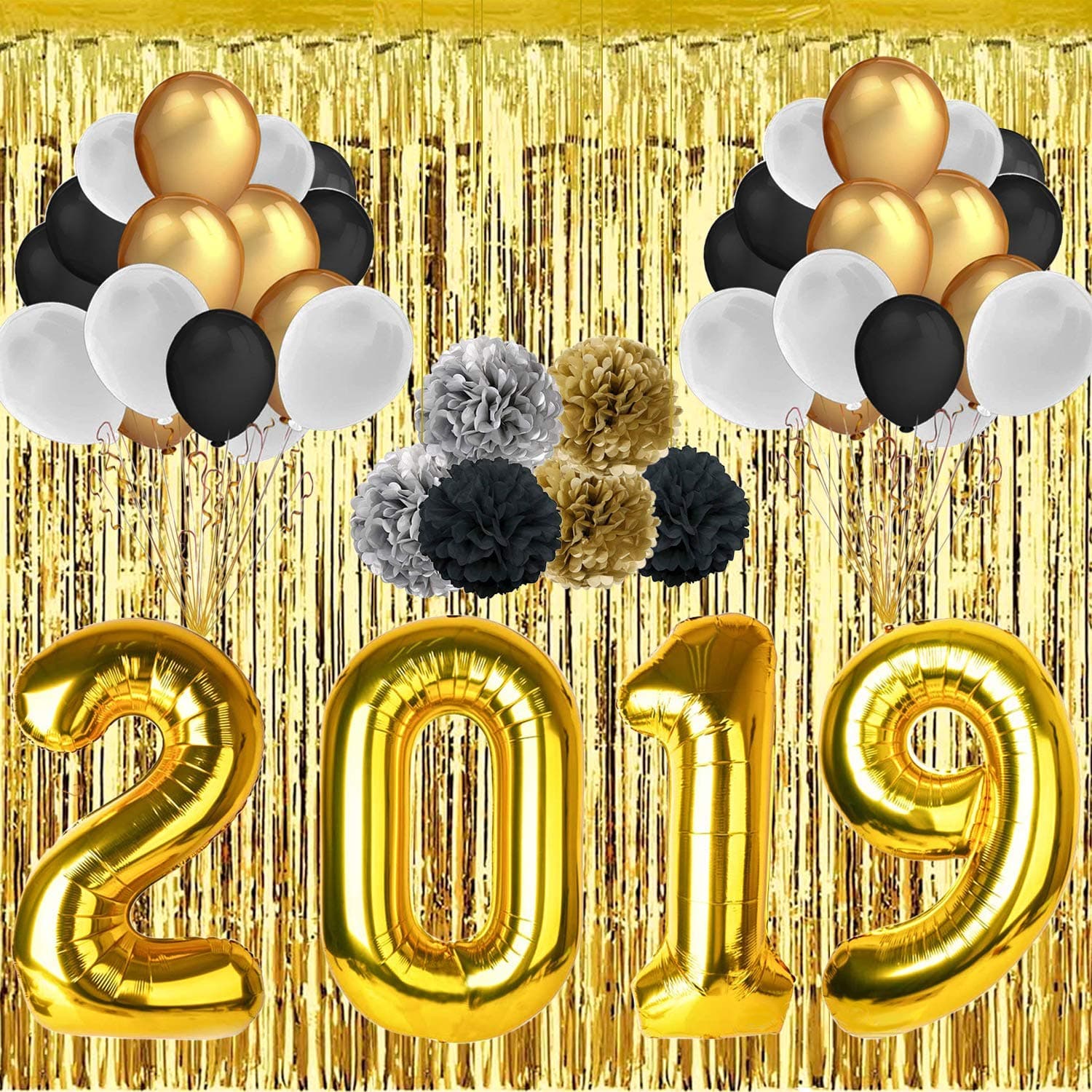 2019 Party Balloons Set - 40'' 2019 Foil Gold Ballooons - 30 Pieces 12'' Latex Balloon - 118'' Foil Gold Rain Curtain - 6 Pieces 10'' Paper Flower Ball 2019 Nye Decorations