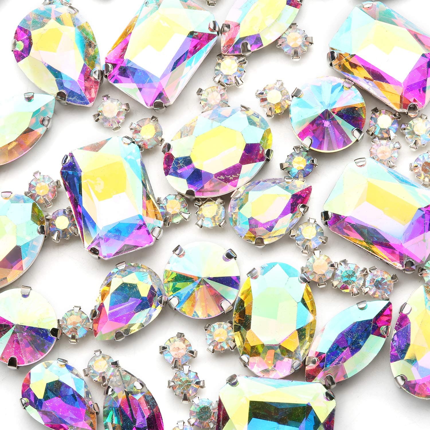 AB Sew On Rhinestones, Choupee 130PCS Sew On Rhinestone Metal Back Prong Setting Sewing Claw Rhinestone Mixed Shapes Sew On Glass Gems for Jewelry, Clothes, Costume, Shoes,Dress, Garments