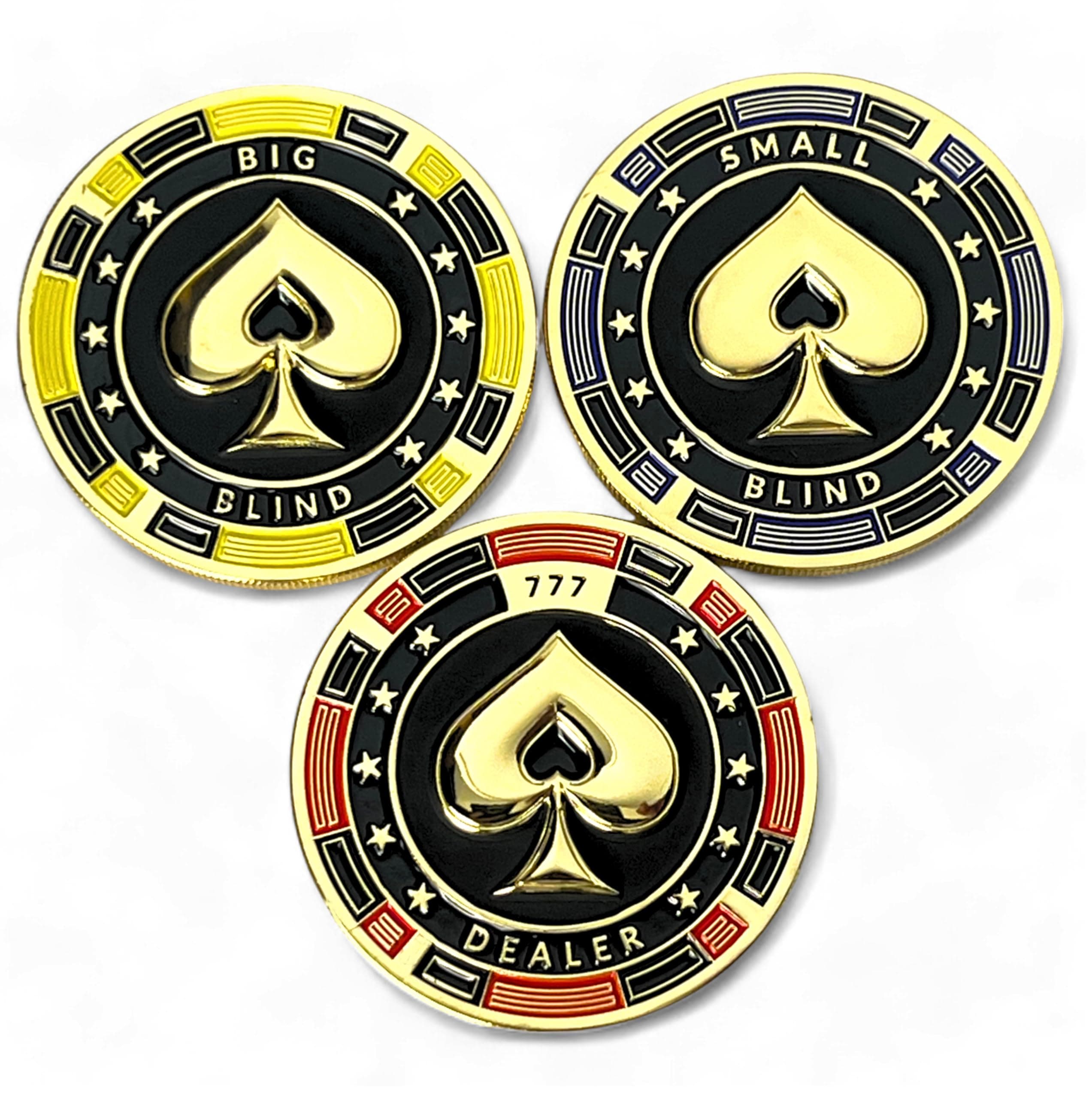 Luck Lab Metal Poker Buttons Set (Dealer, Big Blind, Small Blind) – 3 Premium Gold-Plated 3 mm Weighted 1.75″ Position Markers – Includes Protective Case + Velvet Pouch - 3D Spade Design