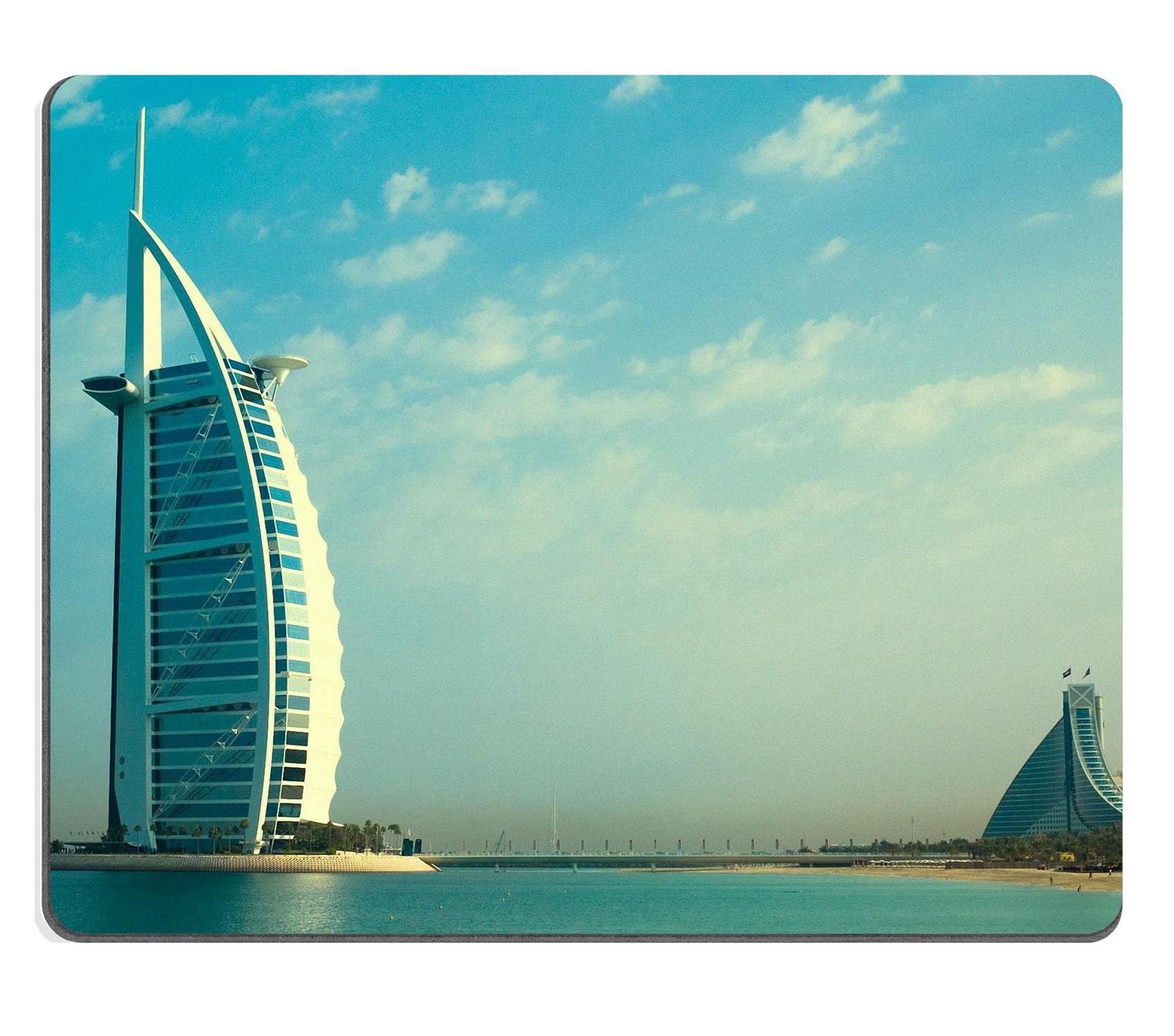 Burj Al Arab Luxurious Hotel Dubai Skyline Punktail's Collections Custom Imaged Mouse Pad. Eco Friendly Cloth with Neoprene Rubber Backing. Customized and Made to Order. 9 7/8 Inch (250mm) X 7 7/8 Inch (200mm) X 1/16 Inch (2mm). Desktop, Laptop, or Gaming Mouse Pad.