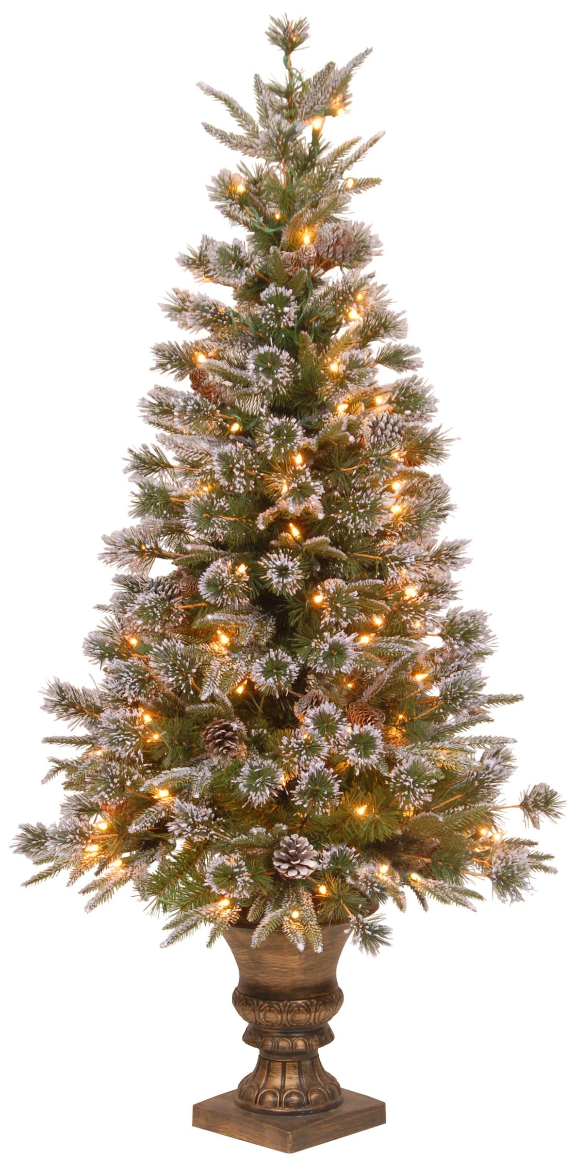 National Tree 4 Foot "Feel Real" Liberty Pine Entrance Tree with Snow, Cones and 100 Clear Lights in Decorative Urn (PELB7-306-40)