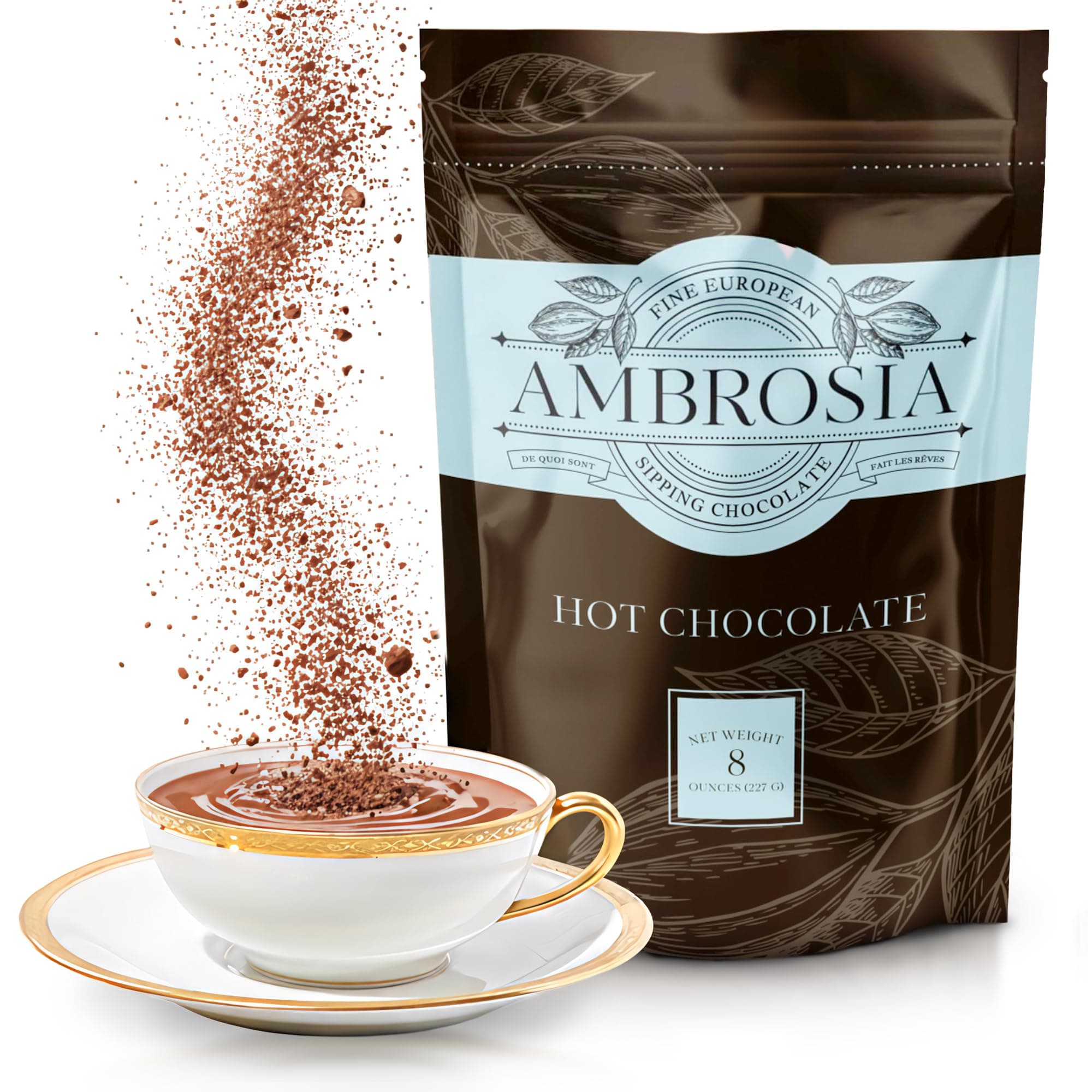 Ambrosia Classic Sipping Chocolate - Handcrafted with 100% Real European Cocoa - Our European Drinking Chocolate Makes Luxurious & Velvety Smooth Hot Coco (Classic, 8oz. Packet)