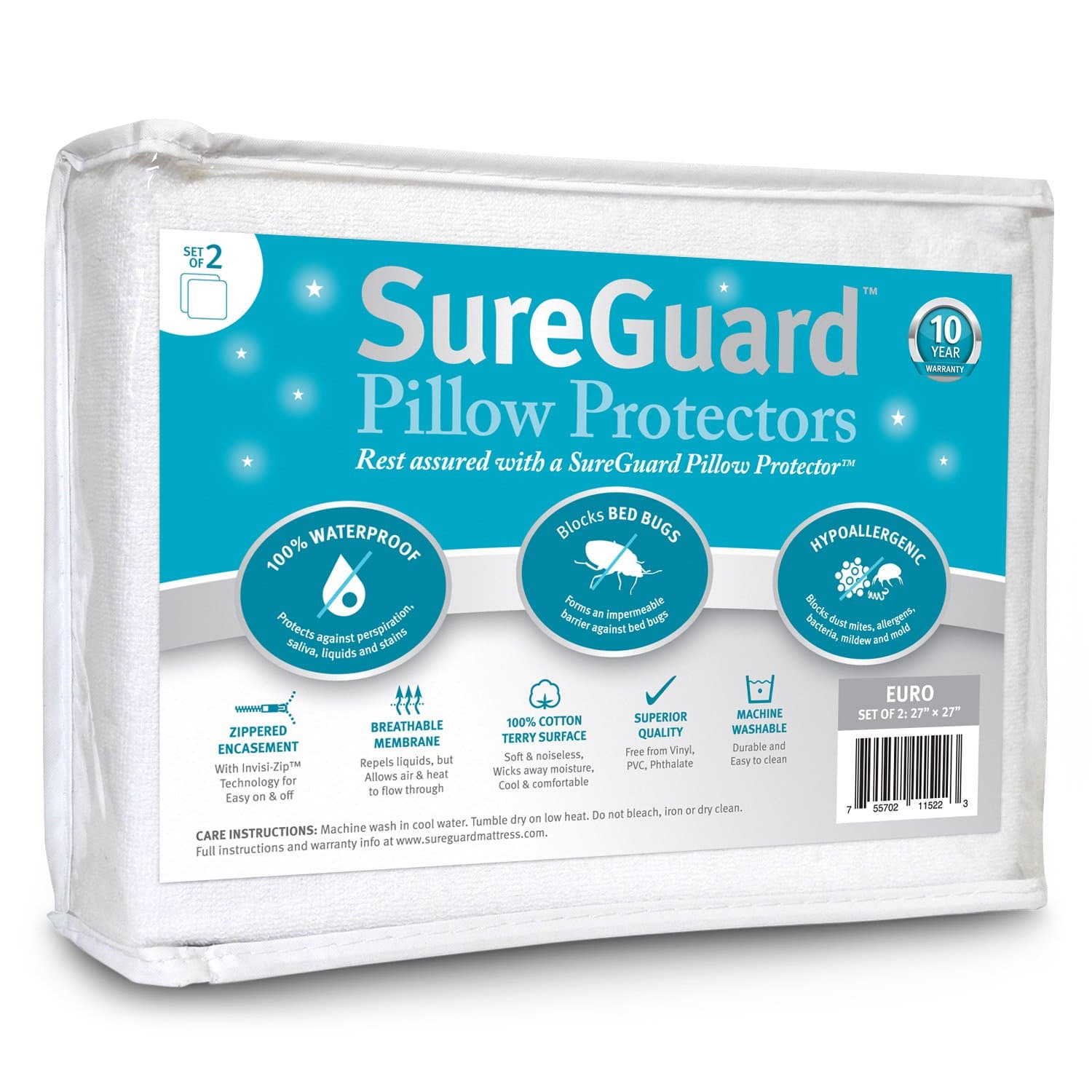 Set of 2 Euro Size SureGuard Pillow Protectors - 100% Waterproof, Bed Bug Proof, Hypoallergenic - Premium Zippered Cotton Terry Covers