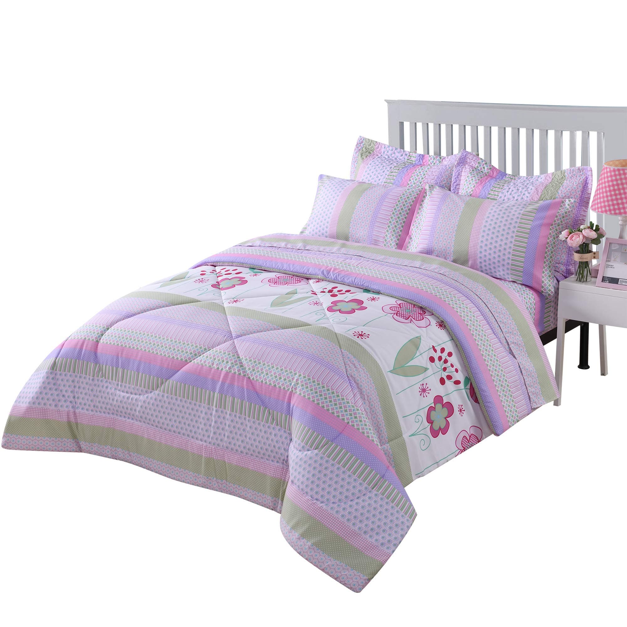 MarCielo Kids Comforter Set Girls Comforter Set Kids Bedding Set Include Sheet Set Bunk Beds for Kids Twin/Full, Purple Floral (Full)