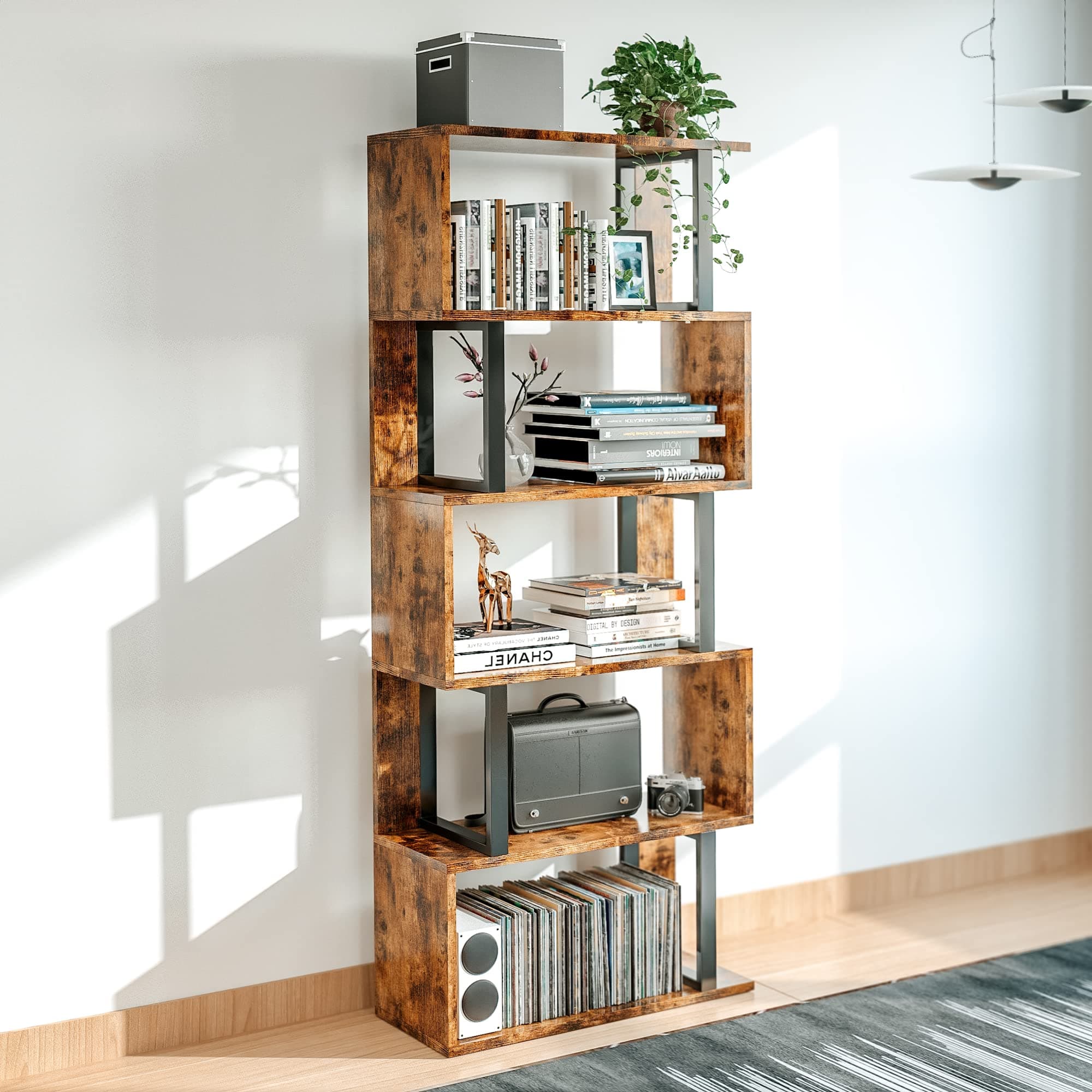 IRONCK Bookcase and Bookshelf 5 Tier Display Shelf, S-Shaped Z-Shelf Bookshelves, Freestanding Multifunctional Decorative Storage Shelving for Home Office, Vintage Brown Industrial Style