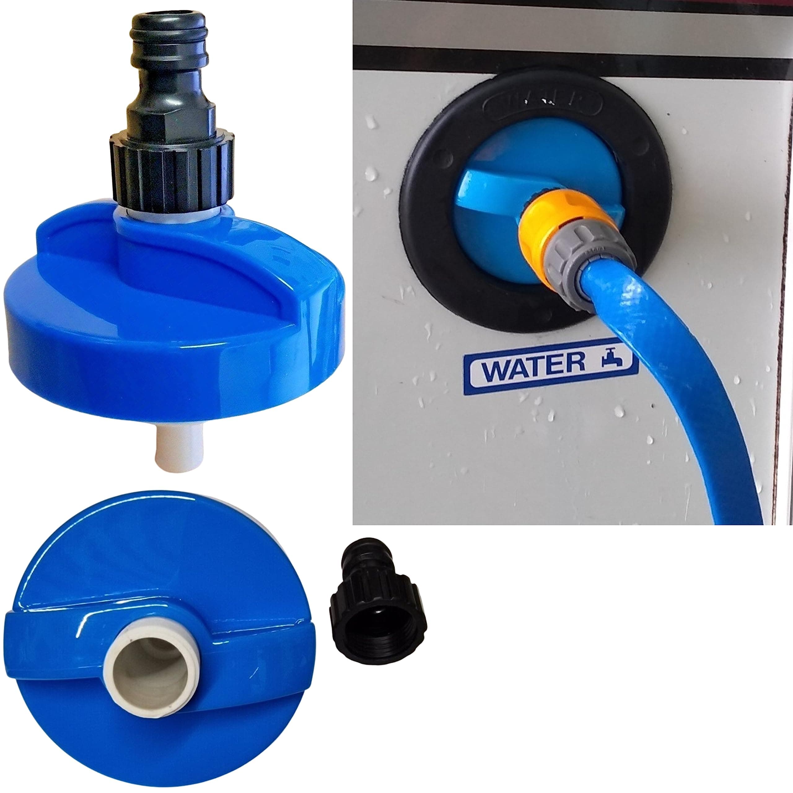 BAAZ Rheinland Motorhome Water Filler Cap with Hose Connector - Boats Campervan & Caravan Accessories UK - Leak-Free Quick Connect Push-Fit Hose 55mm Inlet with Auto Pressure Valve - Water Filler Cap