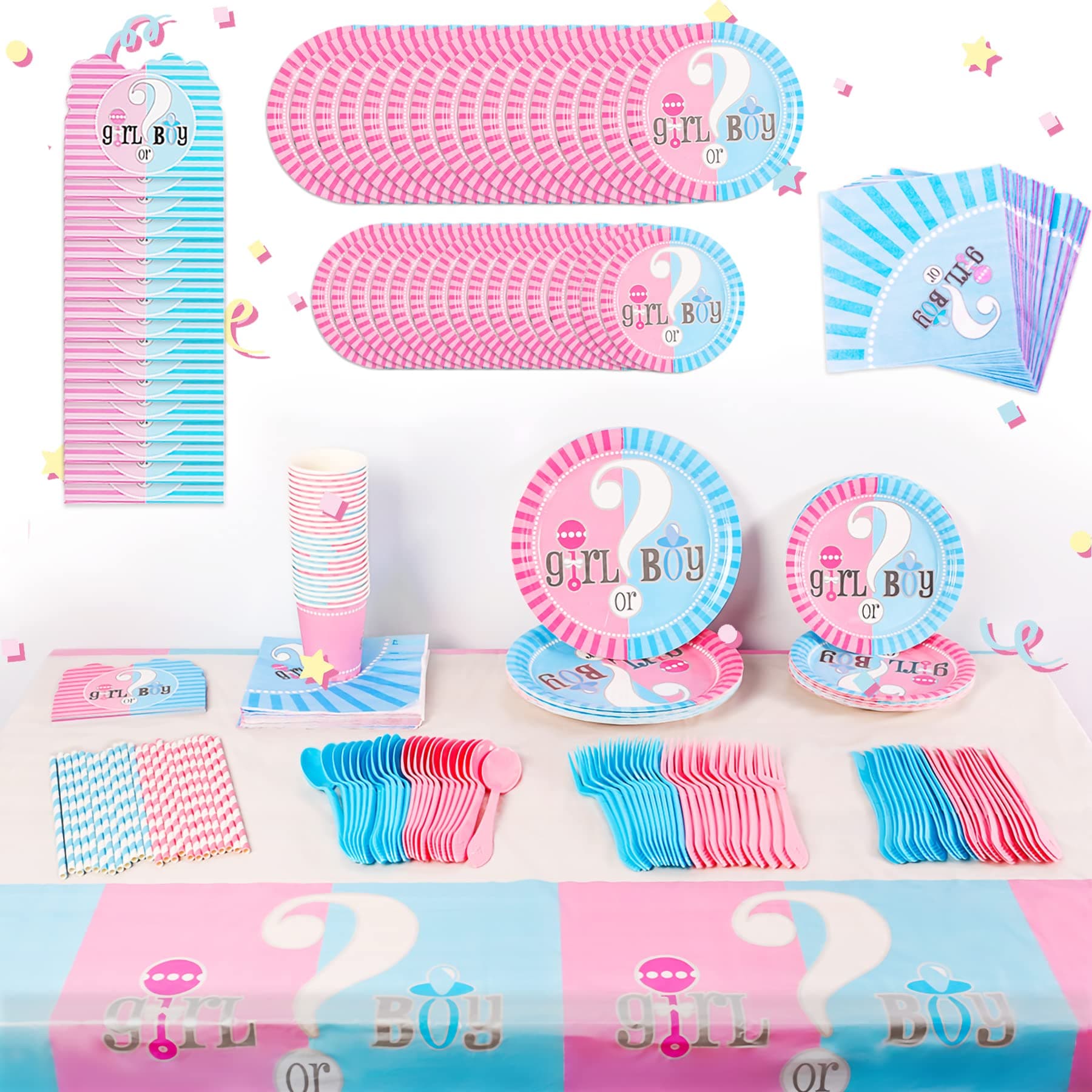 Gender Reveal Decorations Boy or Girl Party Supplies for 16 Guest Baby Shower Decoration Ideas with Flatware, Spoons, Plates, Cups, Straws, Napkins, Invitation Card, Tablecloth, Favor Pack Set 145 PCS