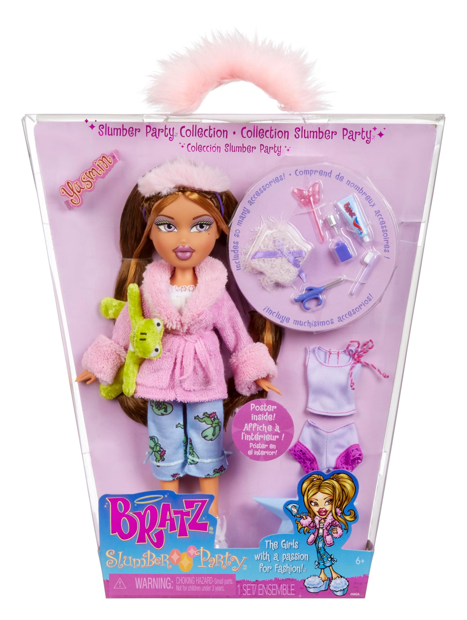 Bratz Slumber Party - Yasmin Fashion Doll - with 2 Sets of Pajamas, Plush and Accessories Suitable for Children and Collectors