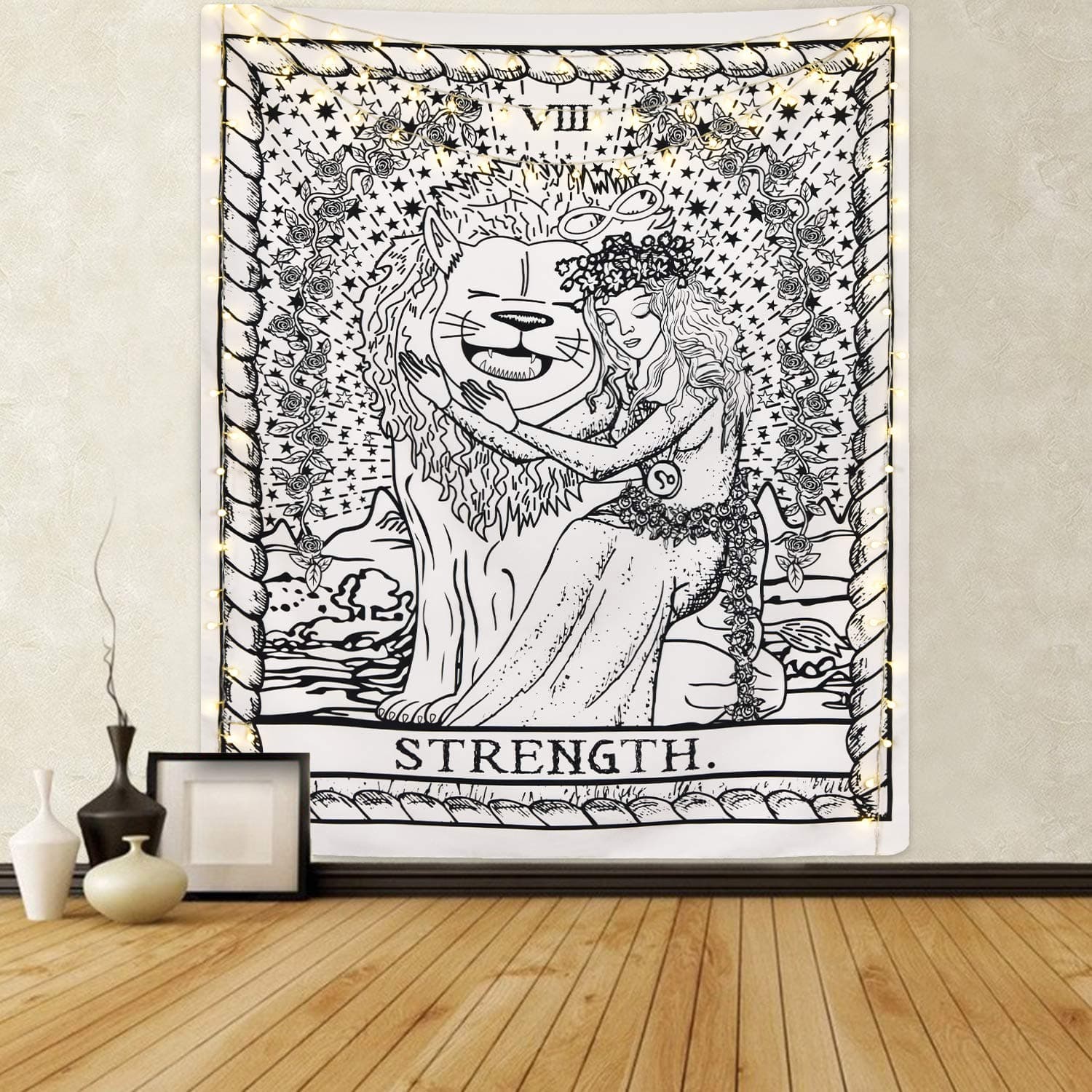 Tarot Cards Tapestry The Strength Tapestry, Bravely Girl Appeasing Lion Tapestry Medieval Europe Divination Tapestry for Room