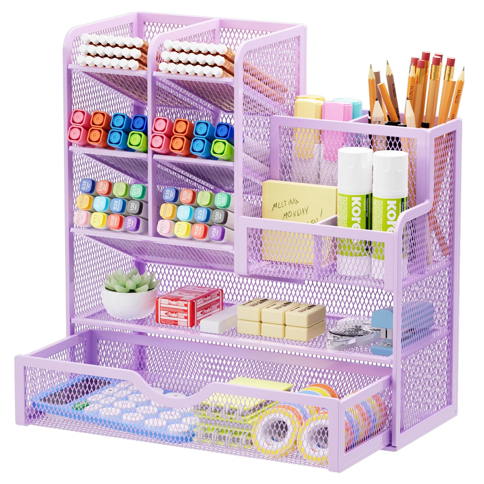 Mesh Pen Holder for Desk, Multi-Functional Pencil Organizer with Drawer, Desk Organizers and Accessories for Office Art Supplies (Purple)
